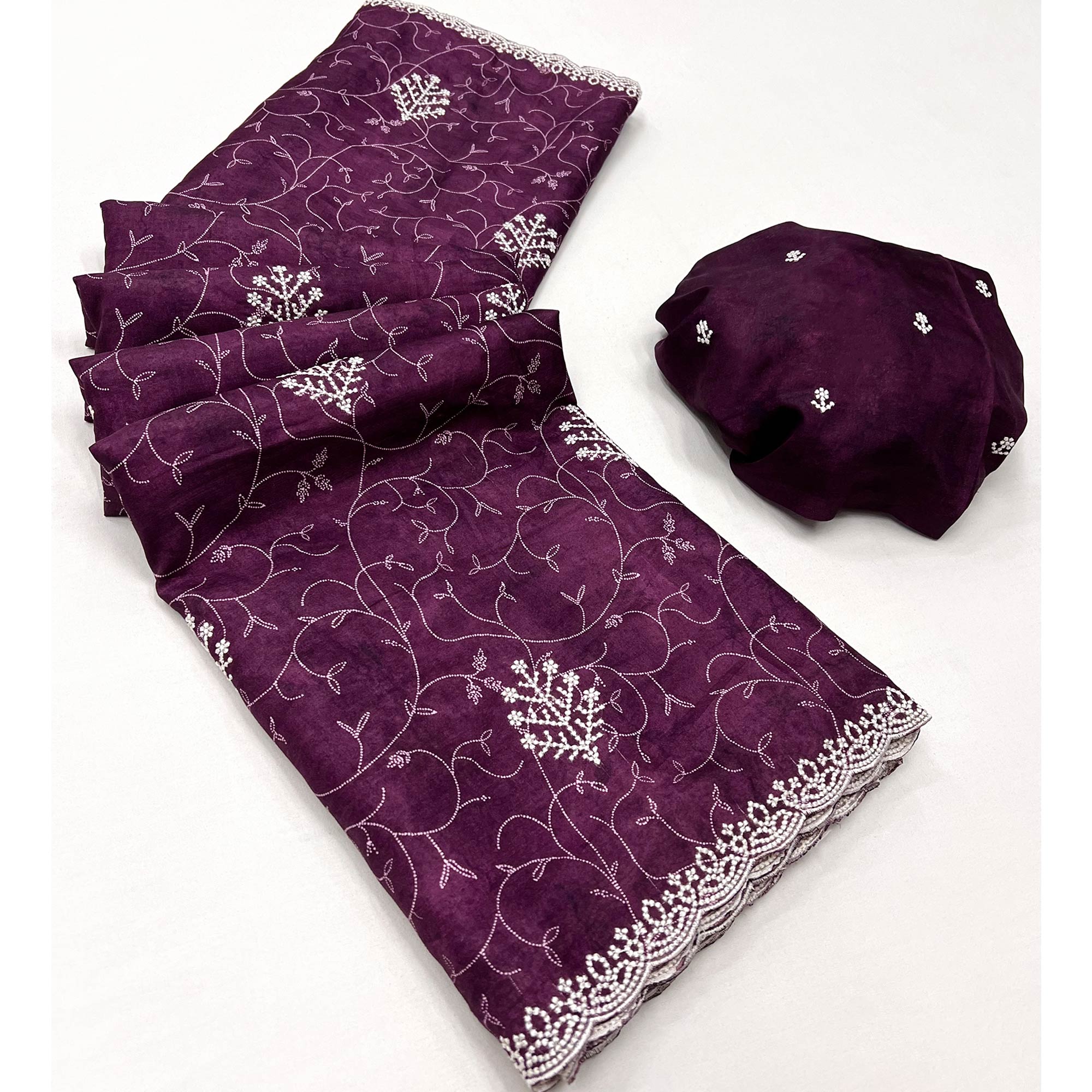 Purple Floral Embroidered Dola Silk Saree