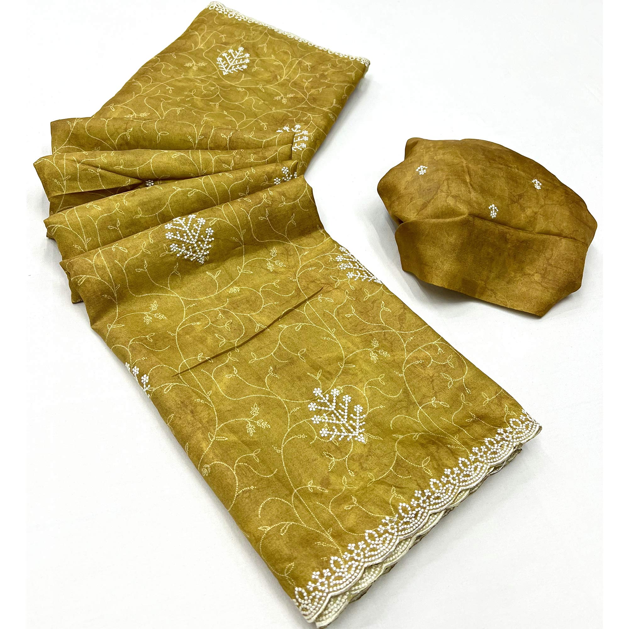 Mustard Floral Embroidered Dola Silk Saree