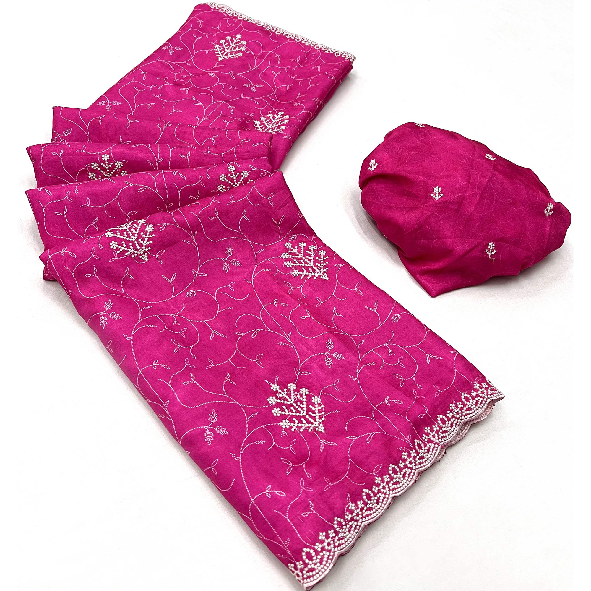 Pink Floral Embroidered Dola Silk Saree