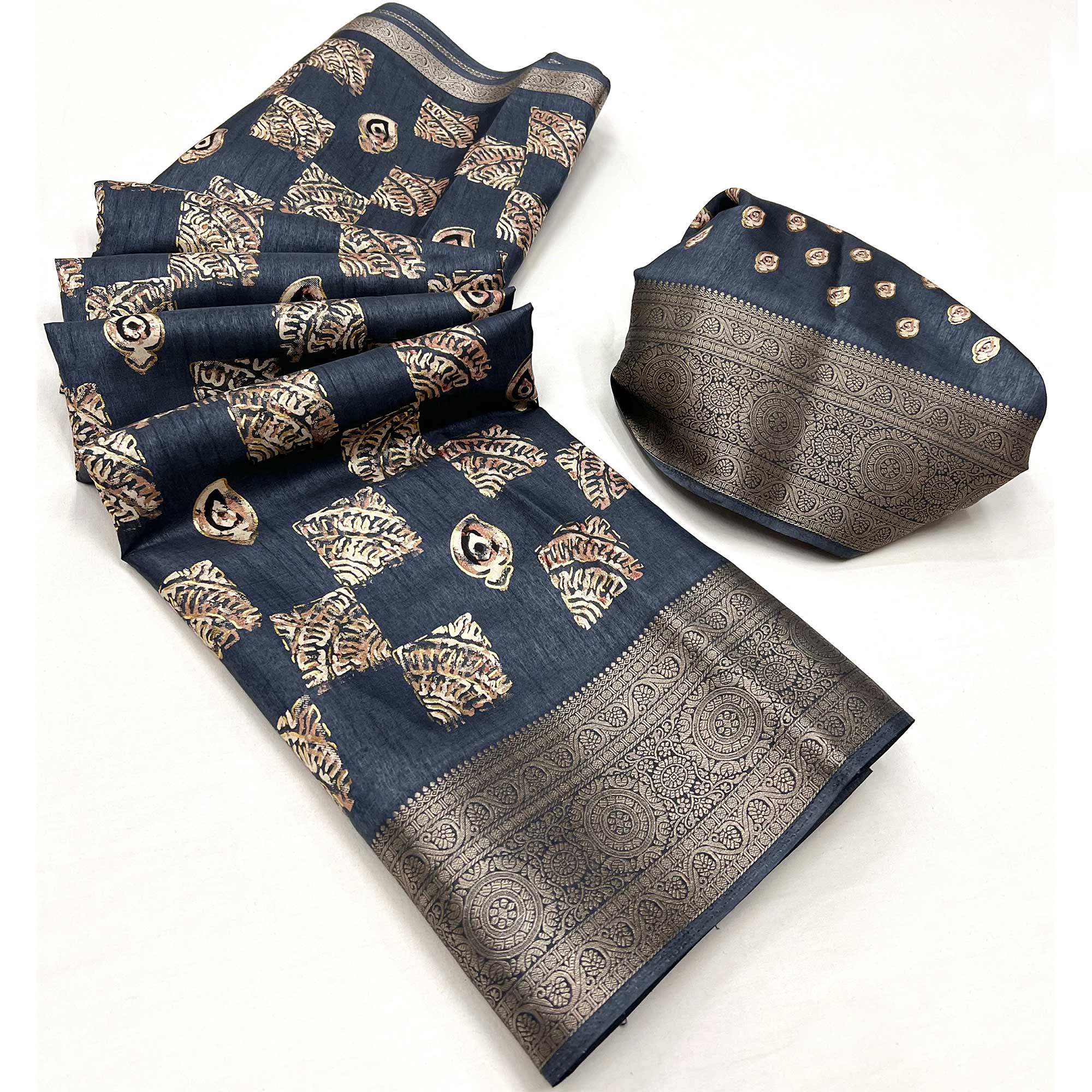 Grey Foil Printed Dola Silk Saree With Jacquard Border