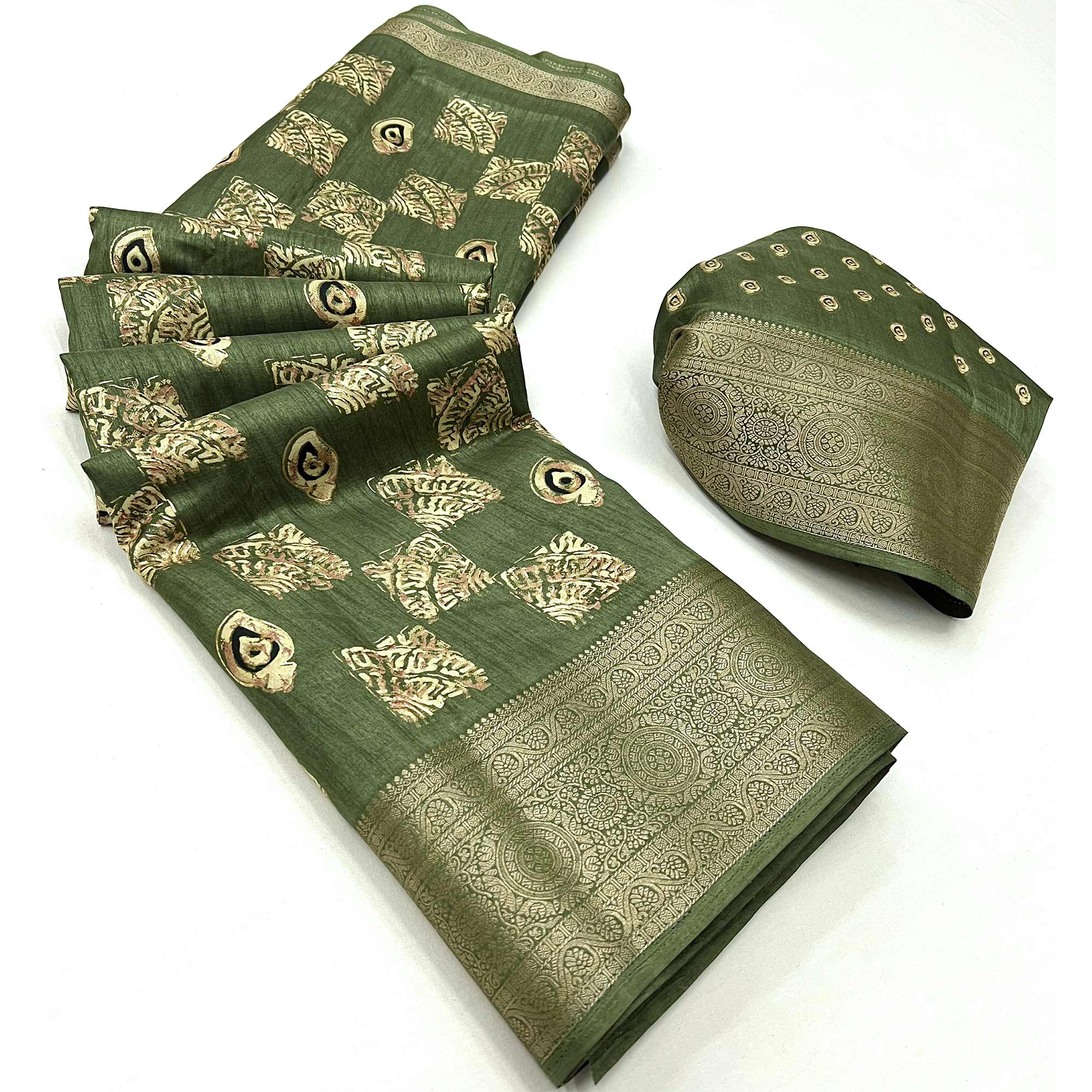 Green Foil Printed Dola Silk Saree With Jacquard Border