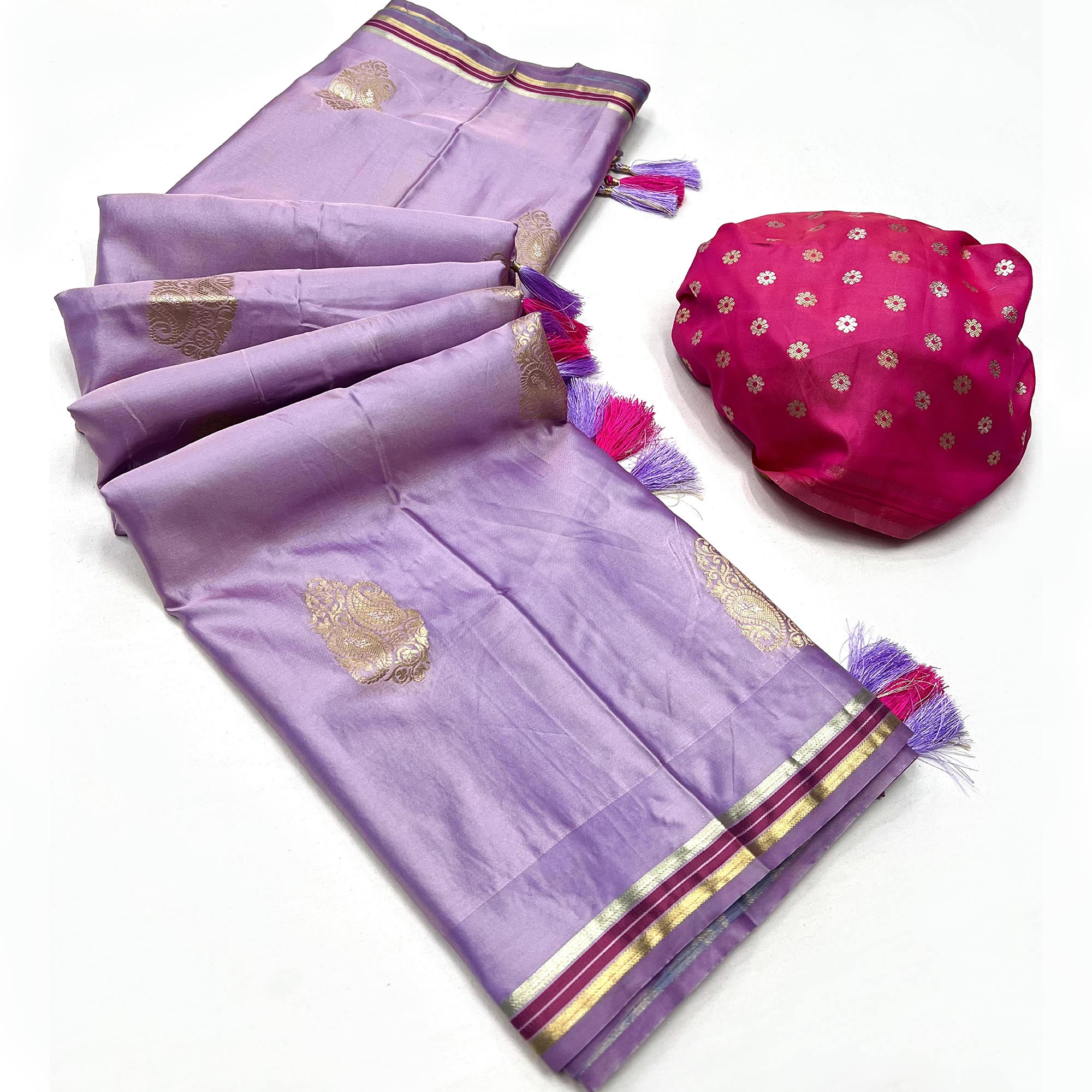 Lavender Woven Satin Saree With Tassels