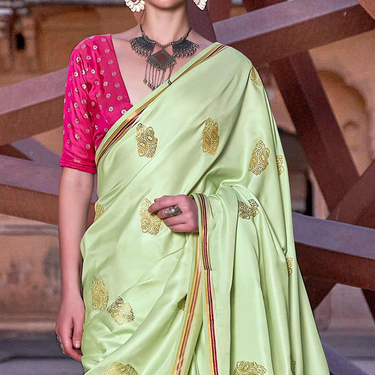 Green Woven Satin Saree With Tassels