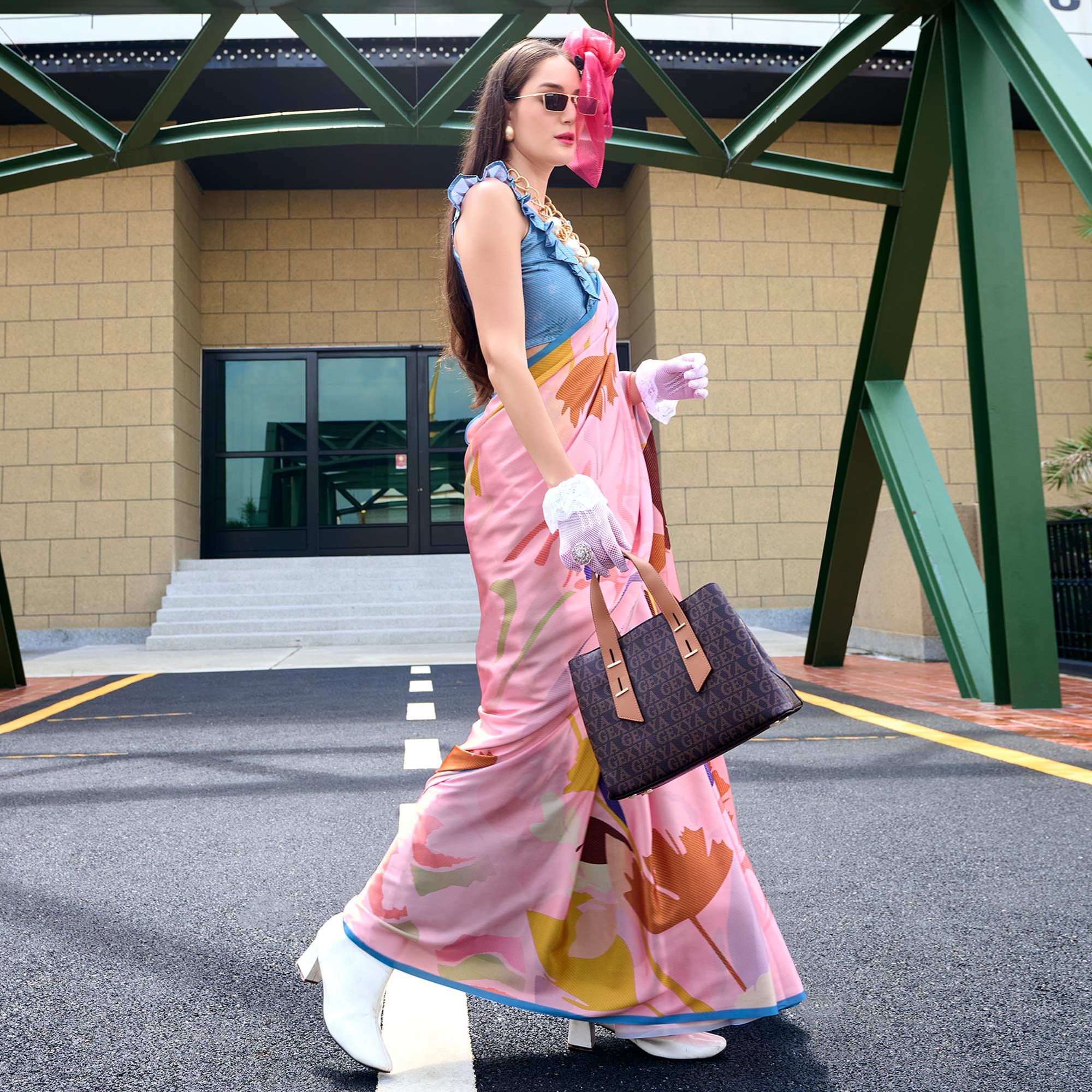 Peach Digital Printed Pure Satin Saree