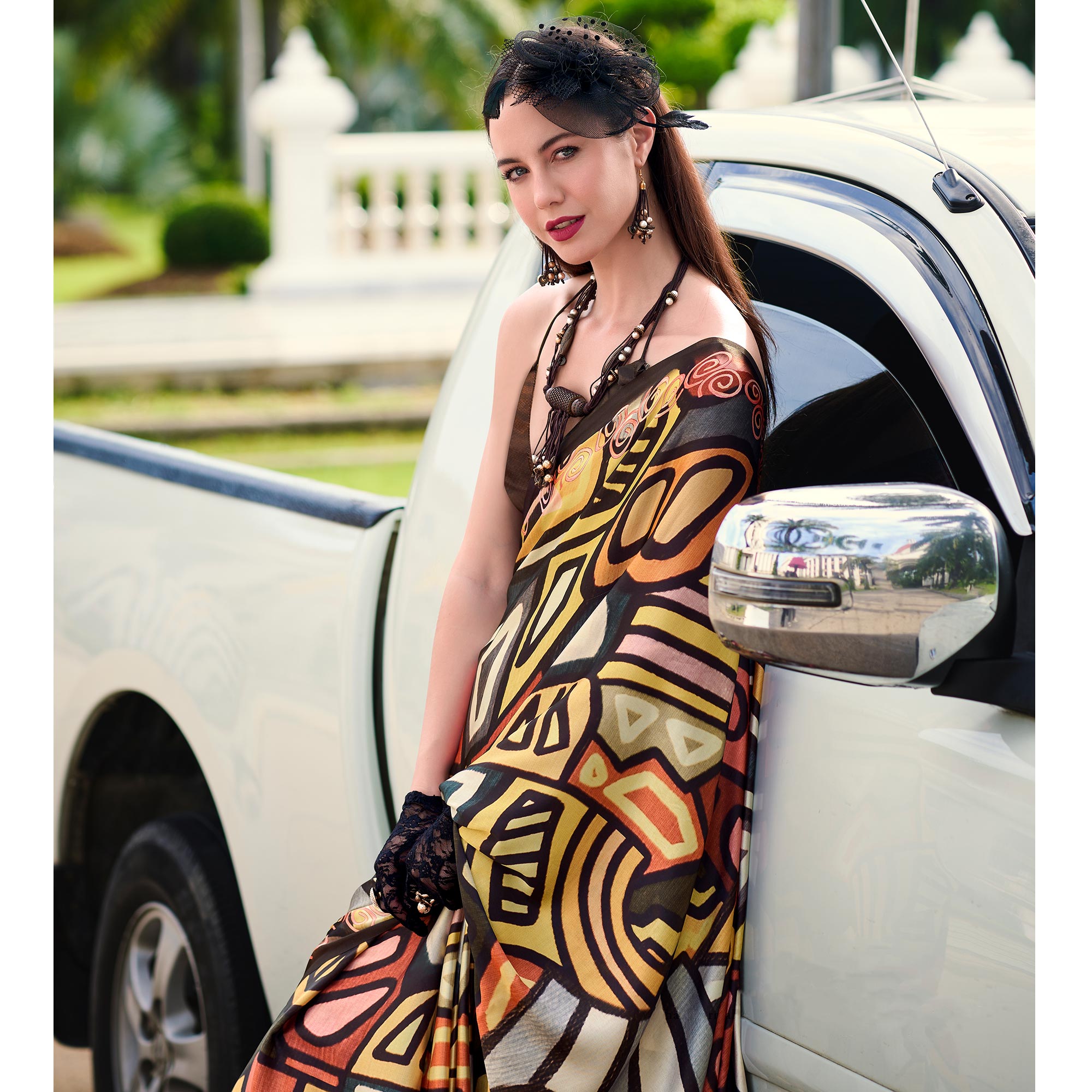 Dark Brown Digital Printed Pure Satin Saree