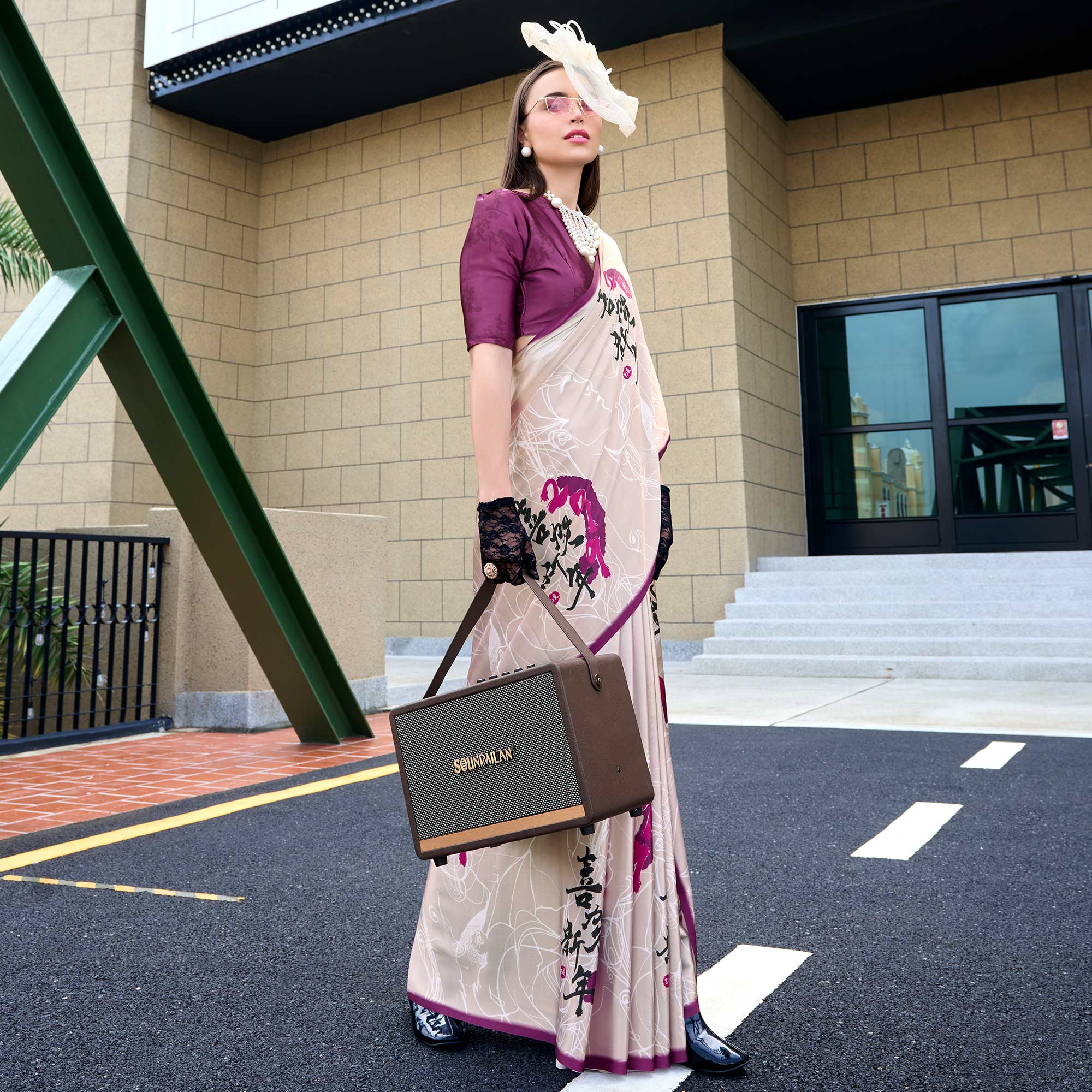 Beige Digital Printed Pure Satin Saree