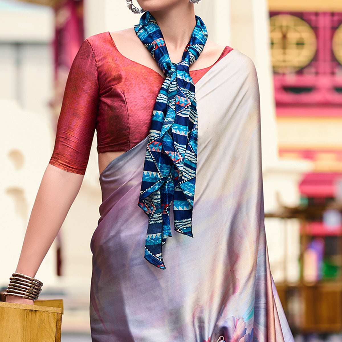 Light Mauve Digital Printed Pure Satin Saree