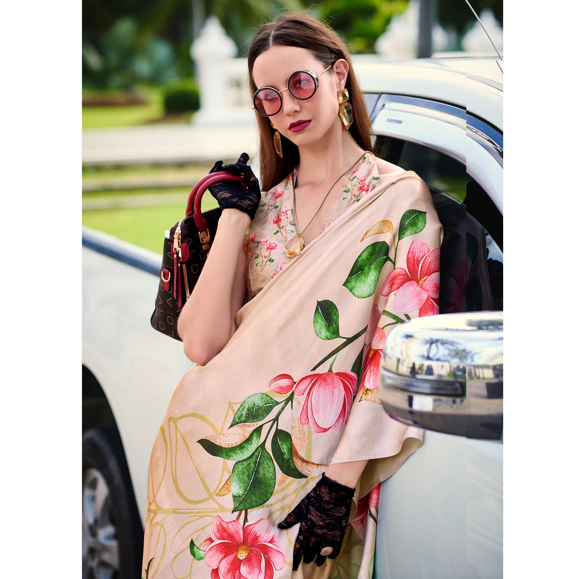 Beige Digital Printed Pure Satin Saree