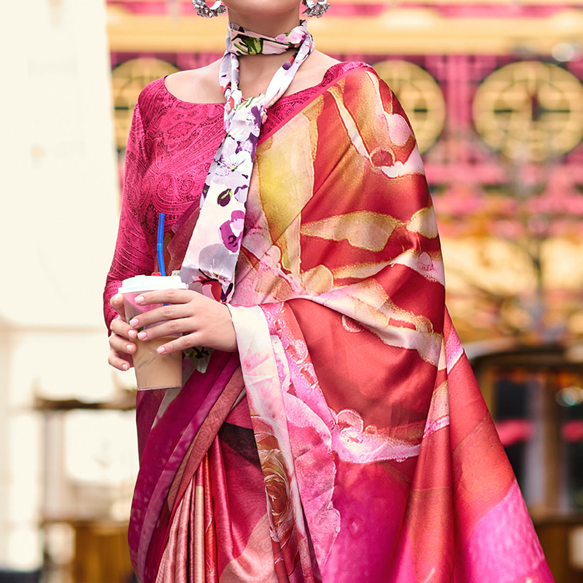 Pink Floral Digital Printed Pure Satin Saree