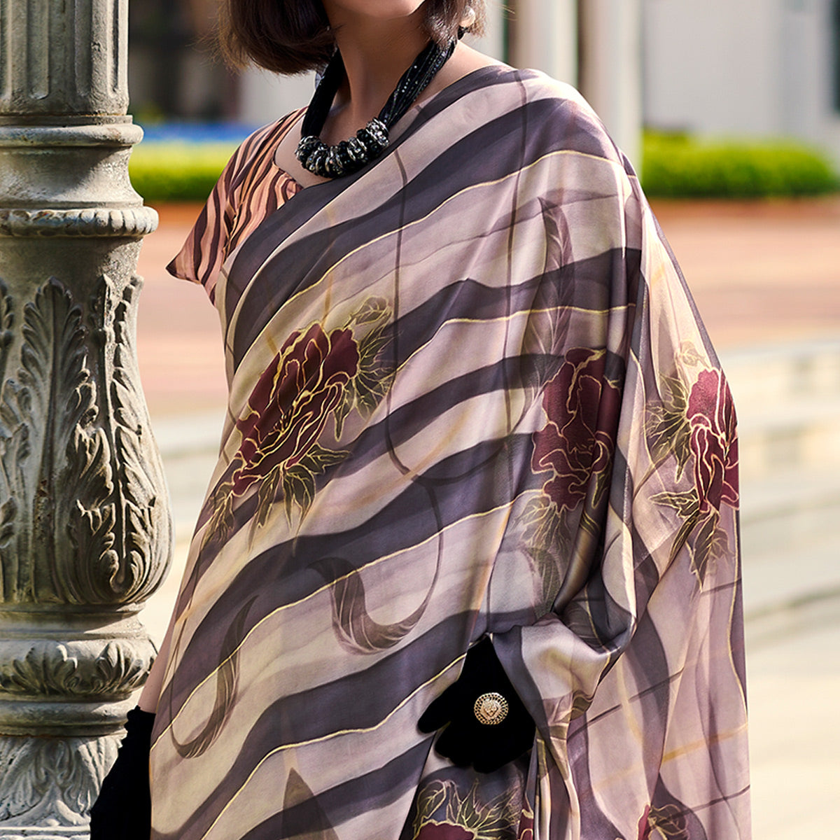 Coffee Brown Floral Digital Printed Pure Satin Saree