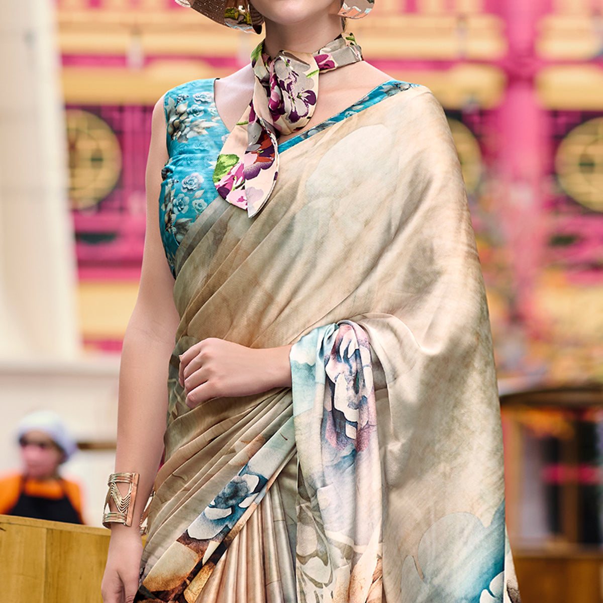 Cream Floral Digital Printed Pure Satin Saree