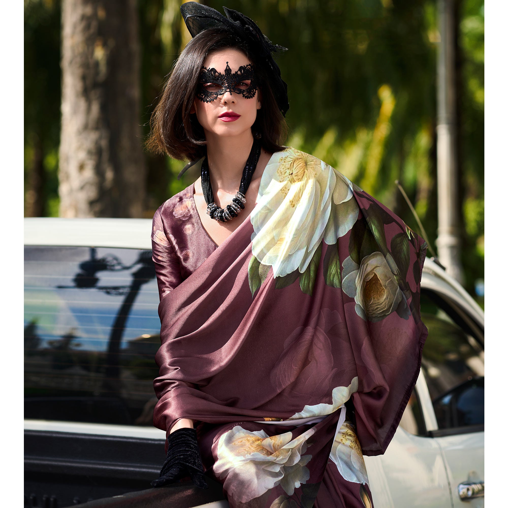 Wine Floral Digital Printed Pure Satin Saree
