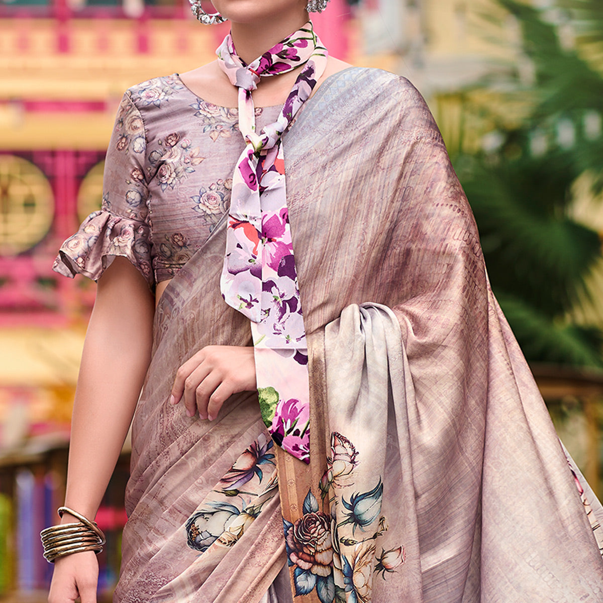 Dusty Rose Pink Floral Digital Printed Pure Satin Saree