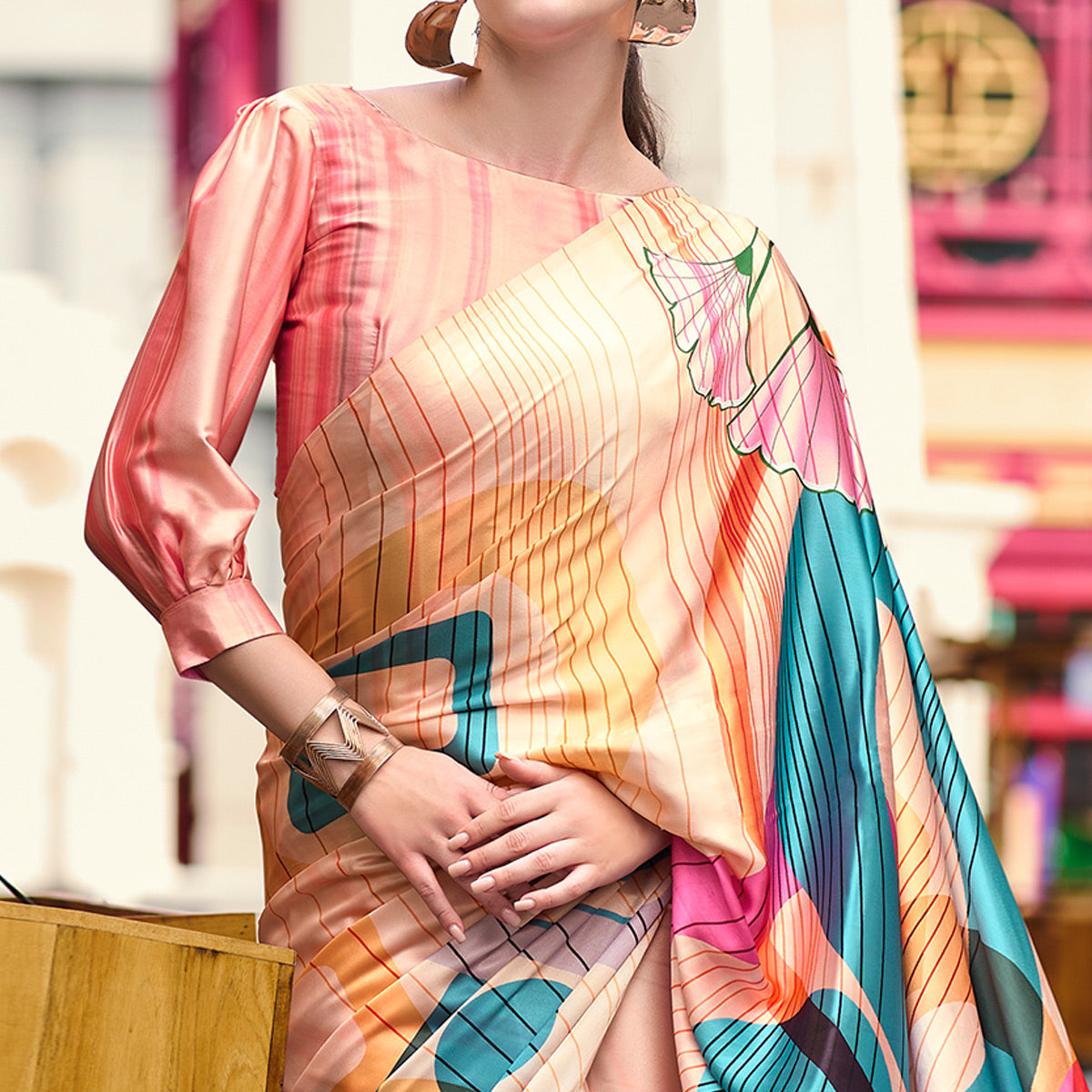 Peach Geometric Digital Printed Pure Satin Saree