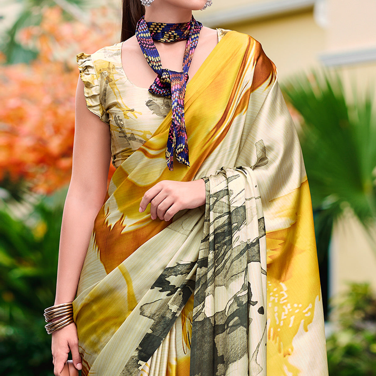 Multicolor Floral Digital Printed Pure Satin Saree
