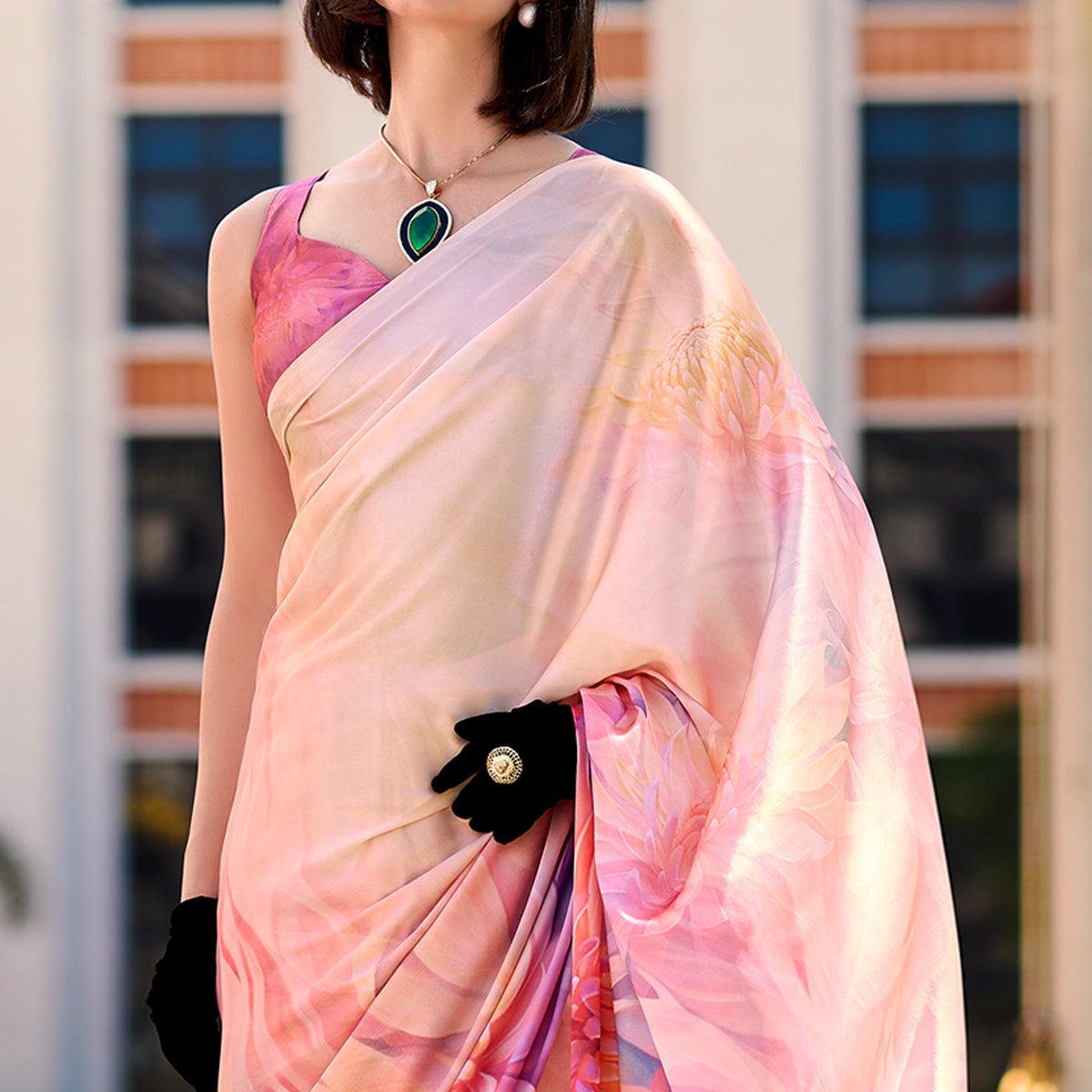 Peach Floral Digital Printed Pure Satin Saree