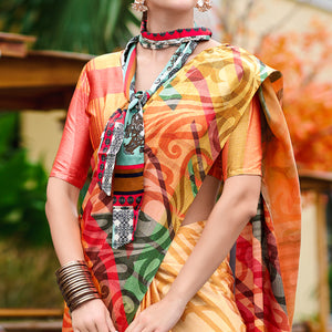 Multicolor Digital Printed Pure Satin Saree