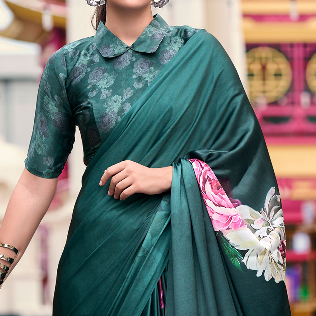Bottle Green Digital Printed Pure Satin Saree