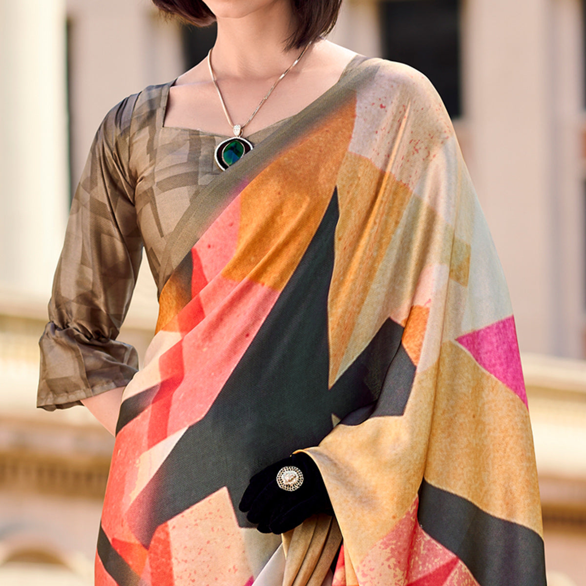 Multicolor Digital Printed Pure Satin Saree