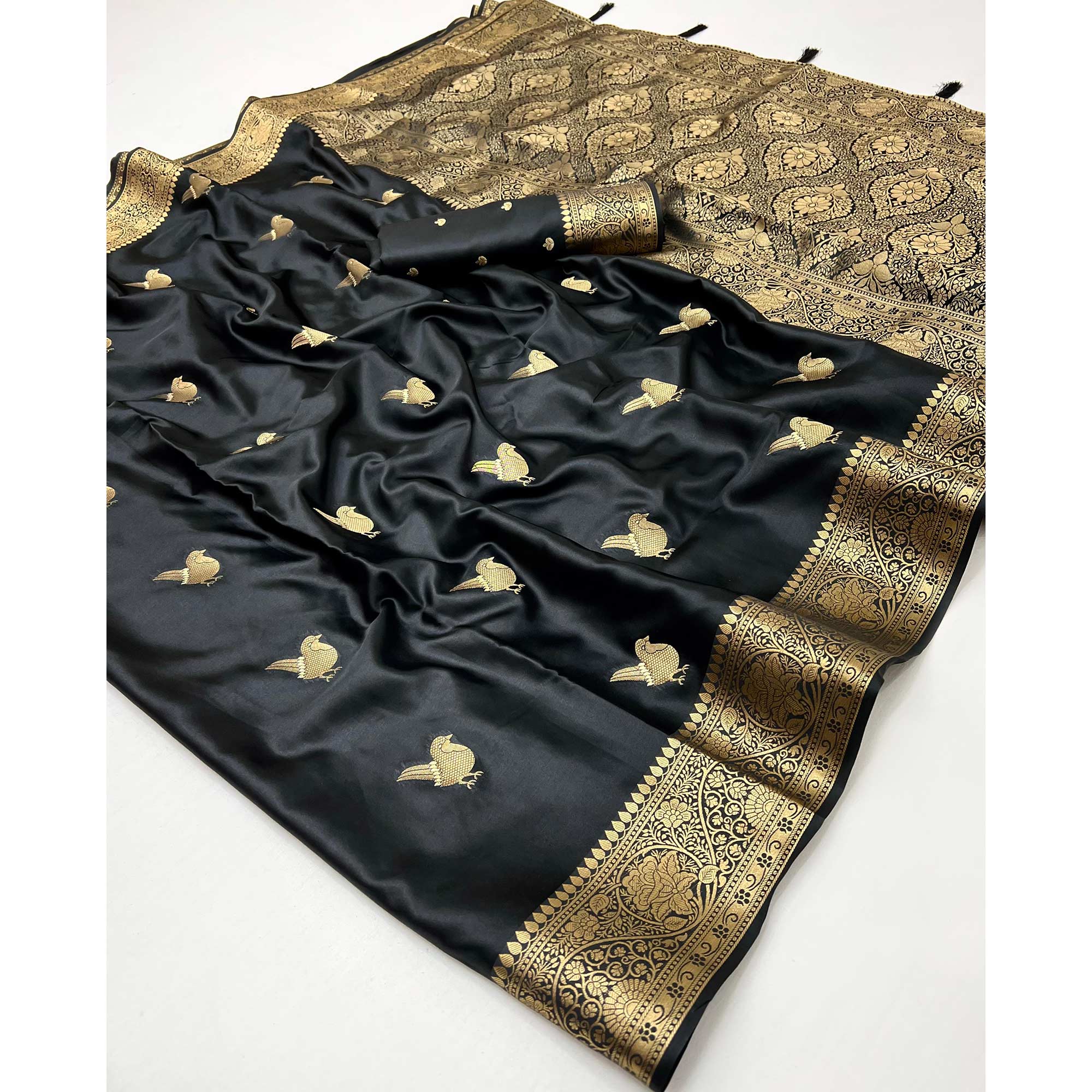 Black Satin Silk Saree With Zari Woven Bird Motifs & Elegant Tassel Border