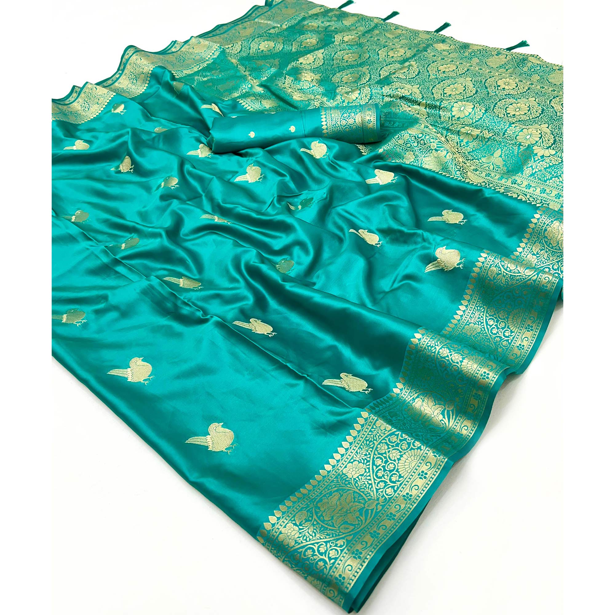 Rama Green Satin Silk Saree With Zari Woven Bird Motifs & Elegant Tassel Border