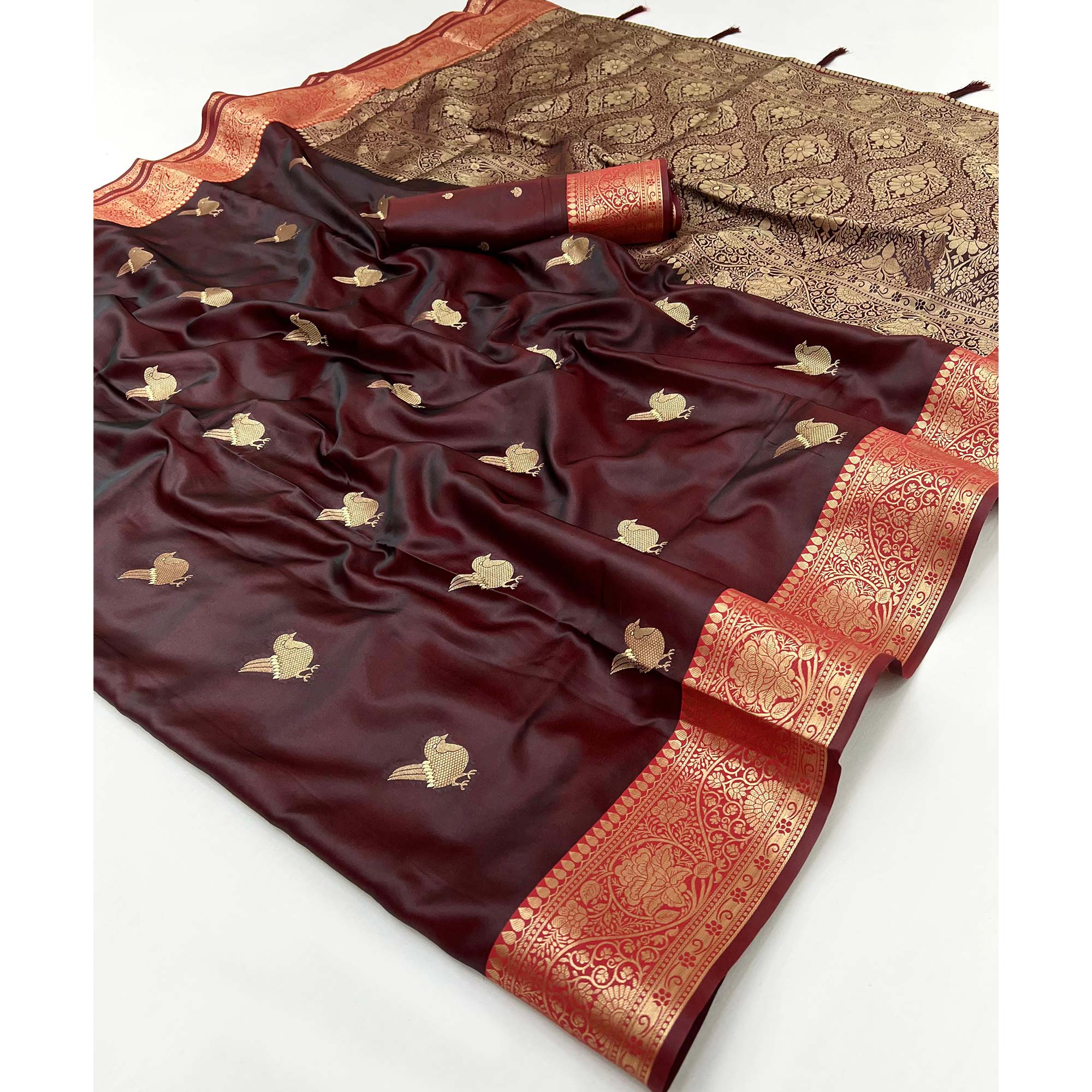 Dark Maroon Satin Silk Saree With Zari Woven Bird Motifs & Elegant Tassel Border