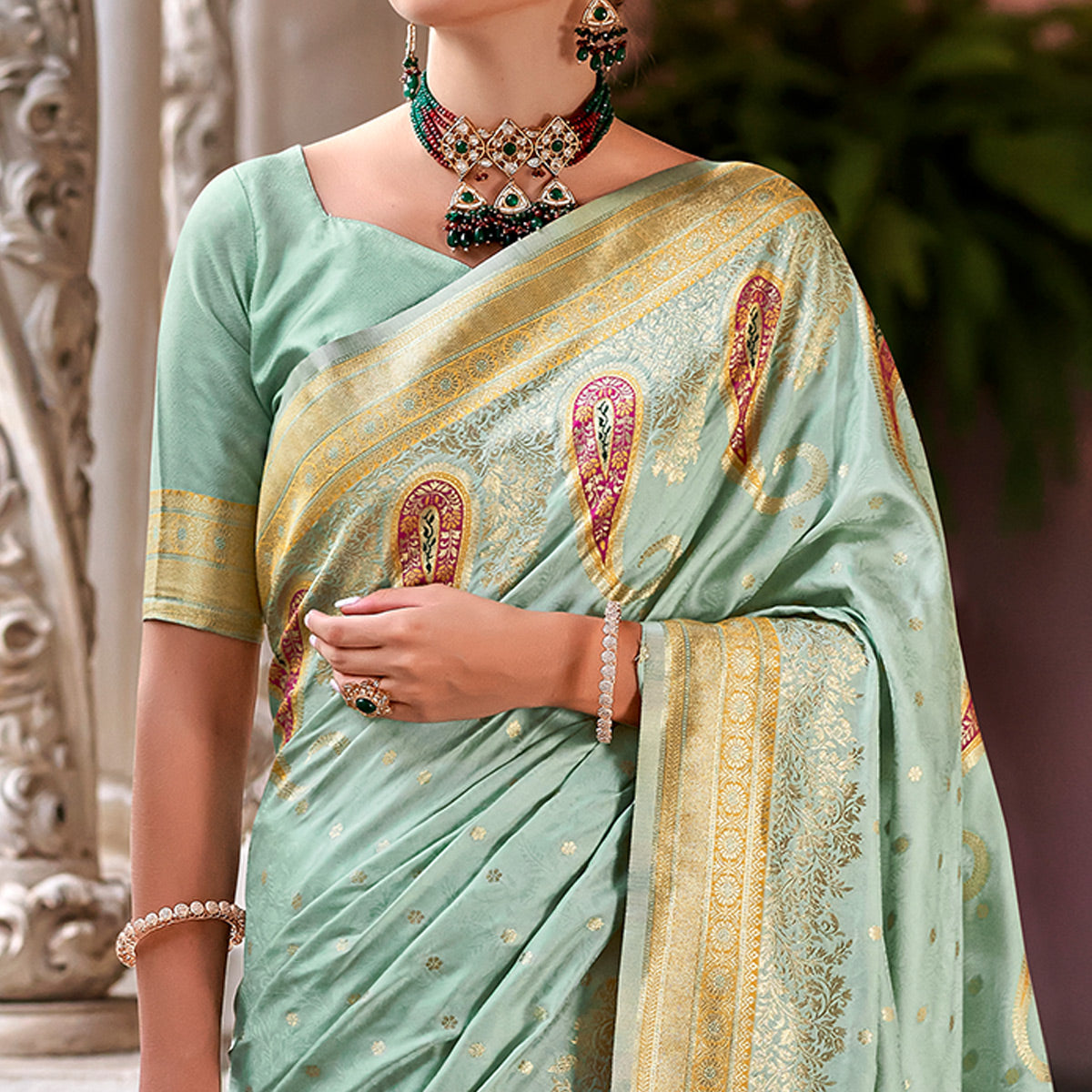 Sea Green Floral Woven Banarasi Silk Saree With Tassels