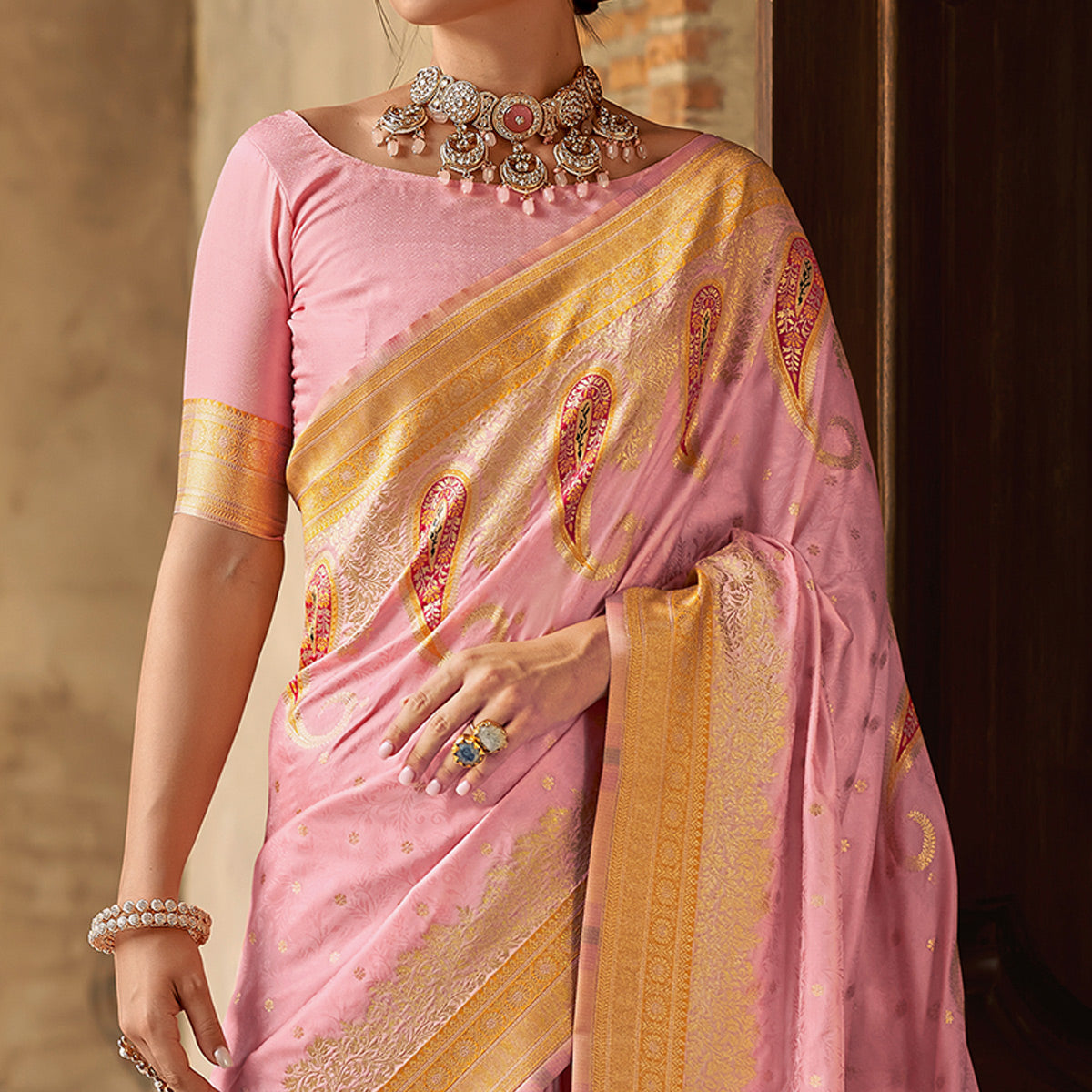 Pink Floral Woven Banarasi Silk Saree With Tassels