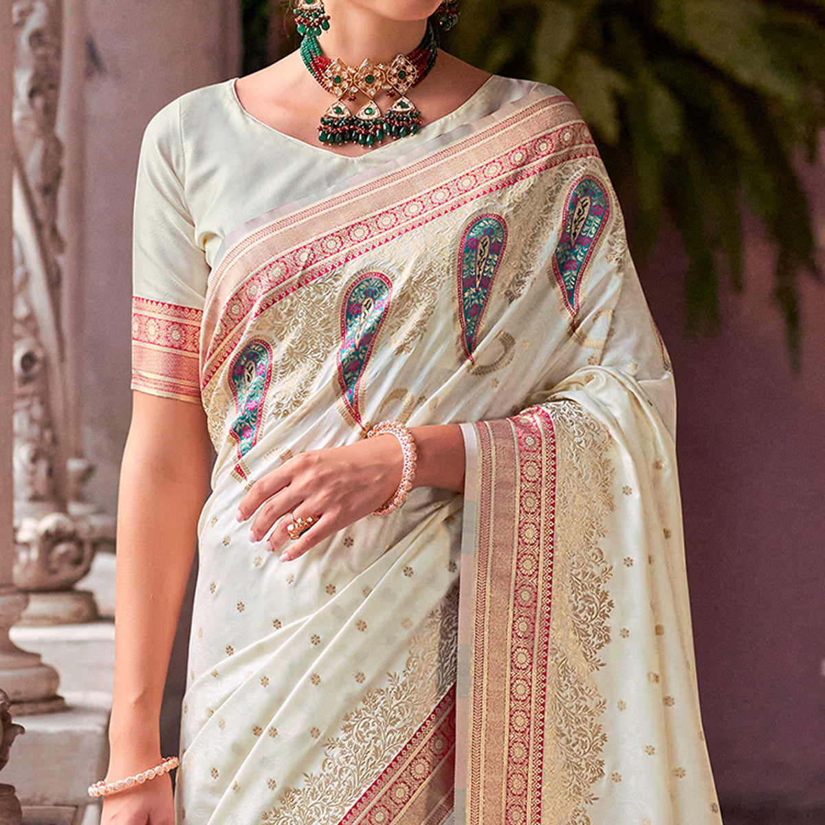White Floral Woven Banarasi Silk Saree With Tassels