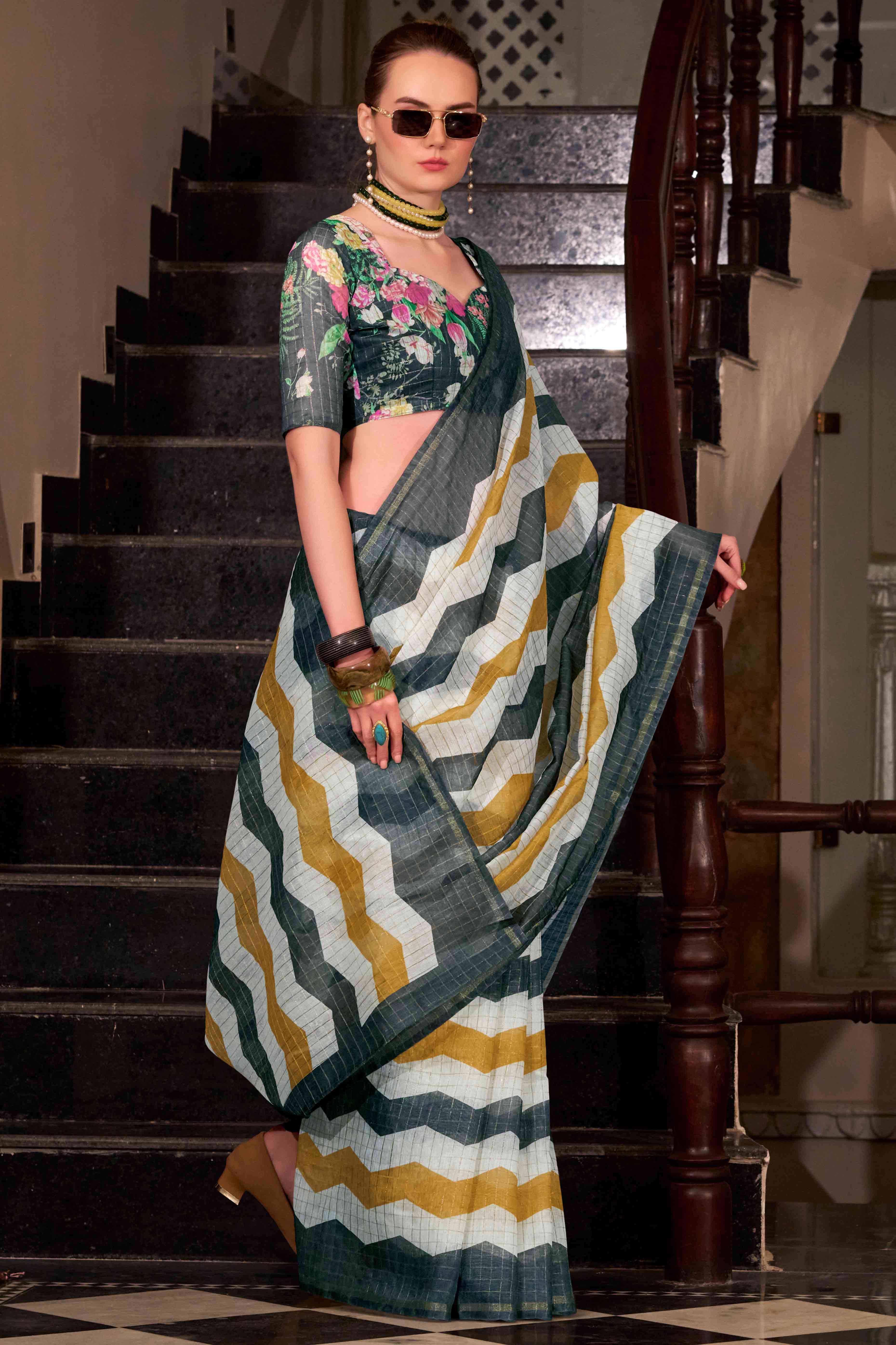 Black & Mustard Woven Cotton Silk Saree With A Zig-Zag Pattern