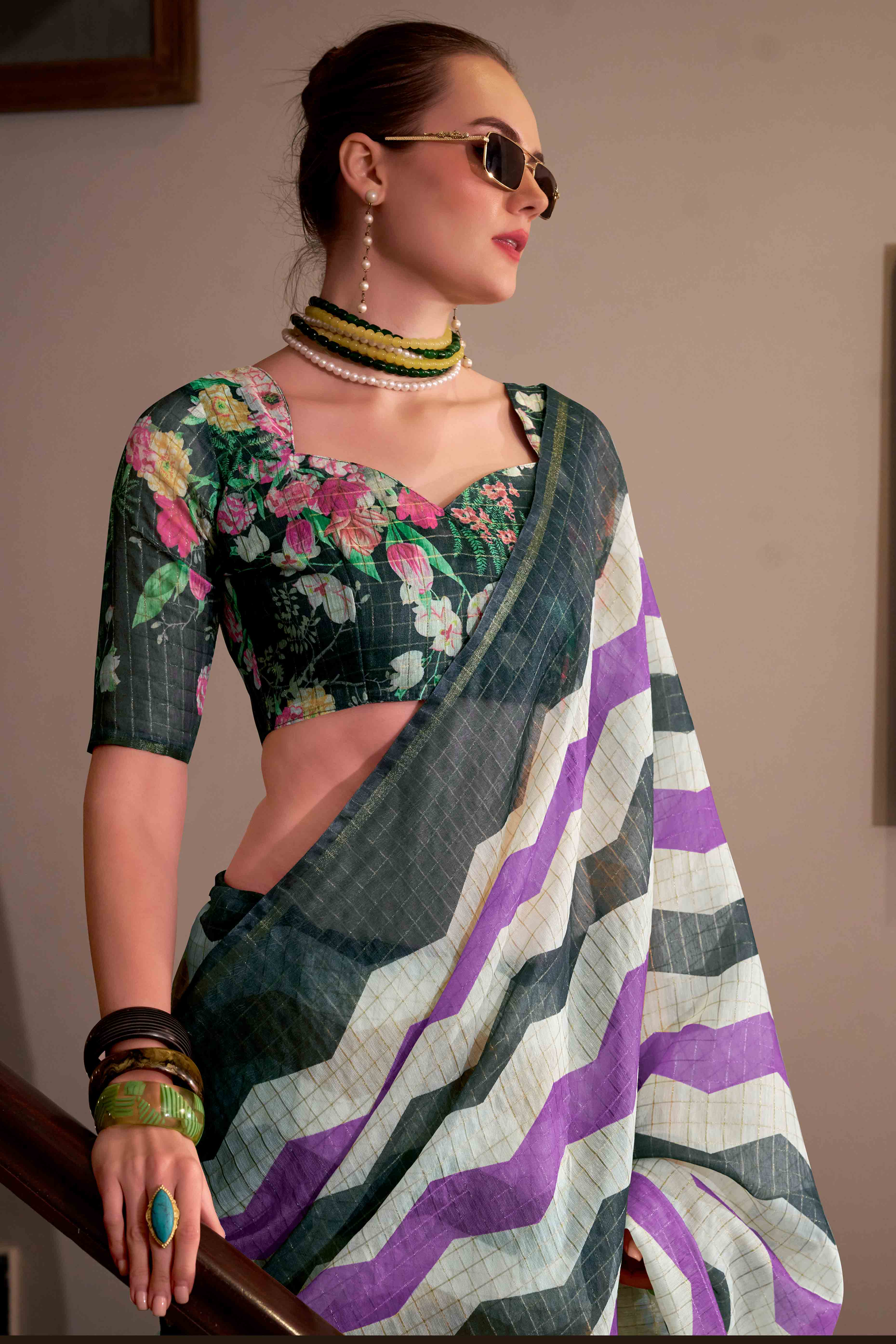 Black & Purple Woven Cotton Silk Saree With A Zig-Zag Pattern