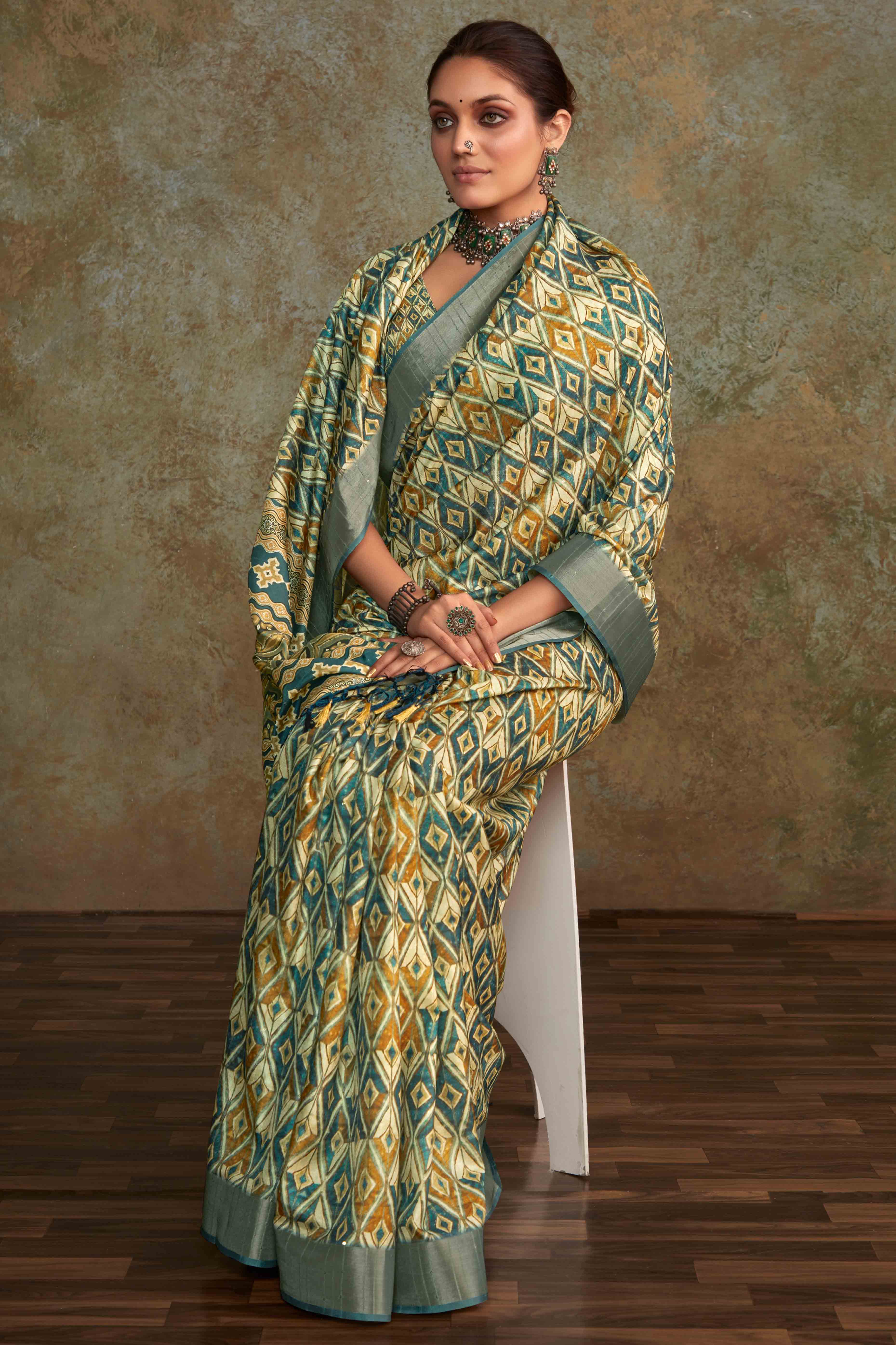 Green Geometric Printed Cotton Silk Saree