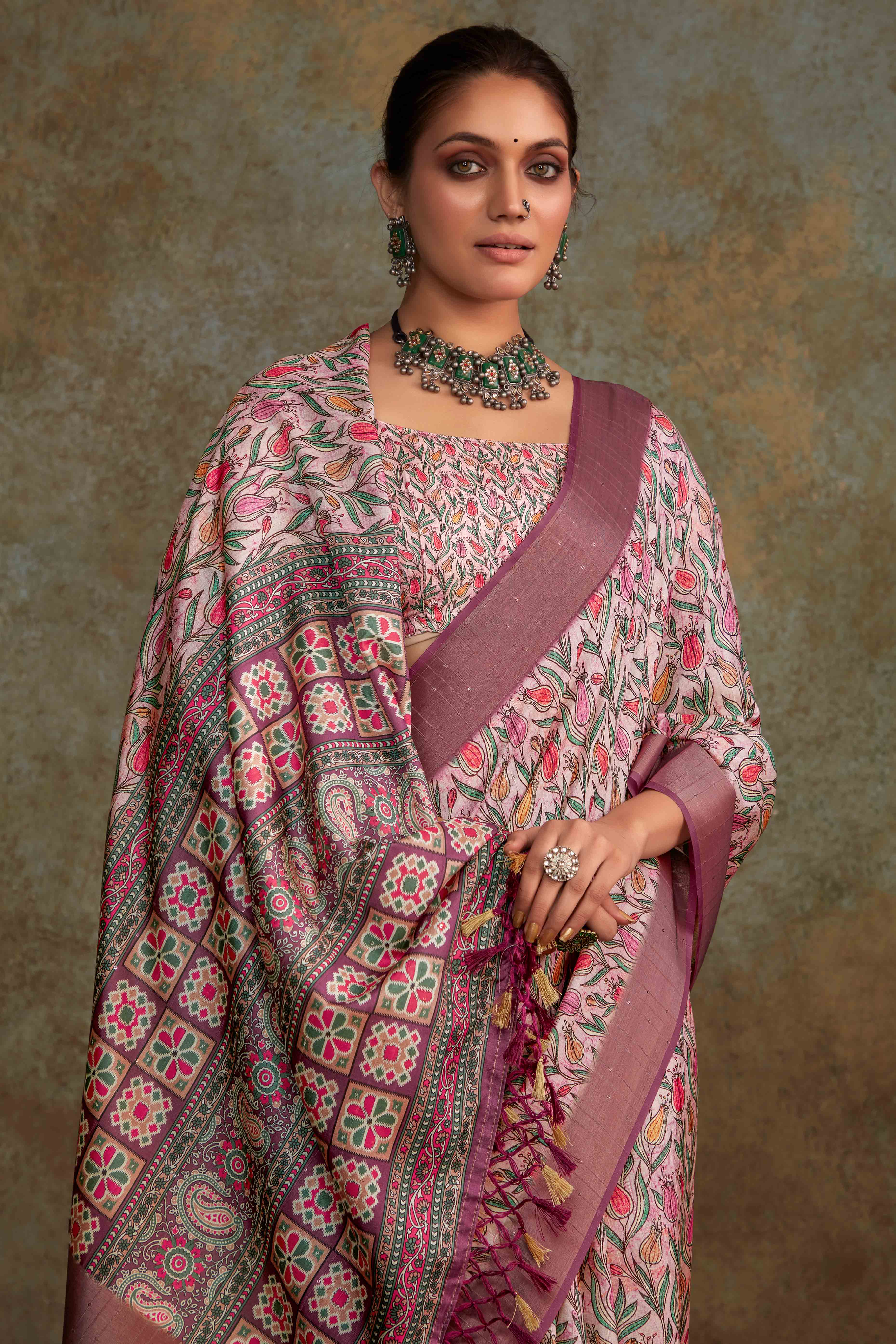 Pink Floral Printed Cotton Silk Saree