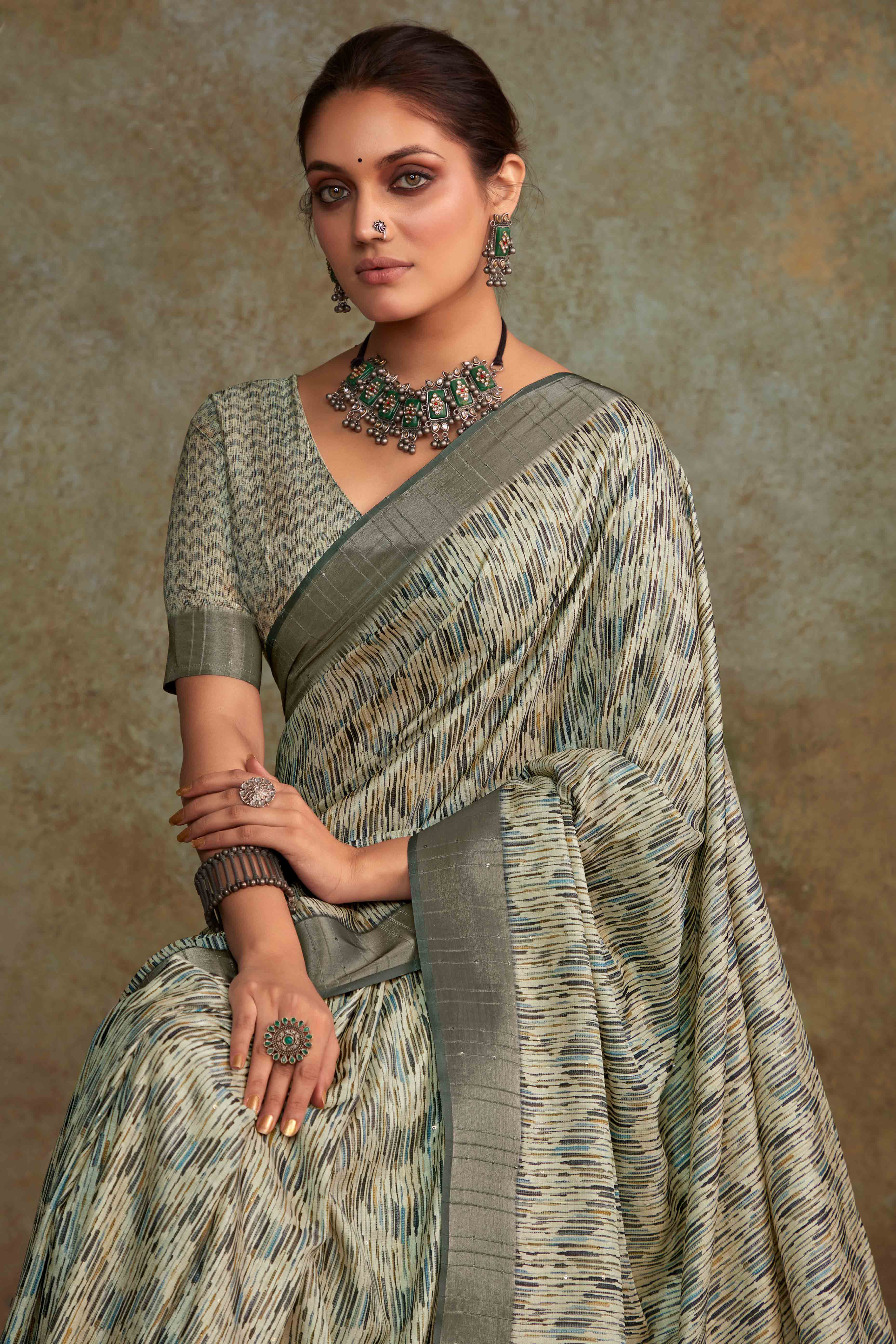 Sage Green Geometric Printed Cotton Silk Saree