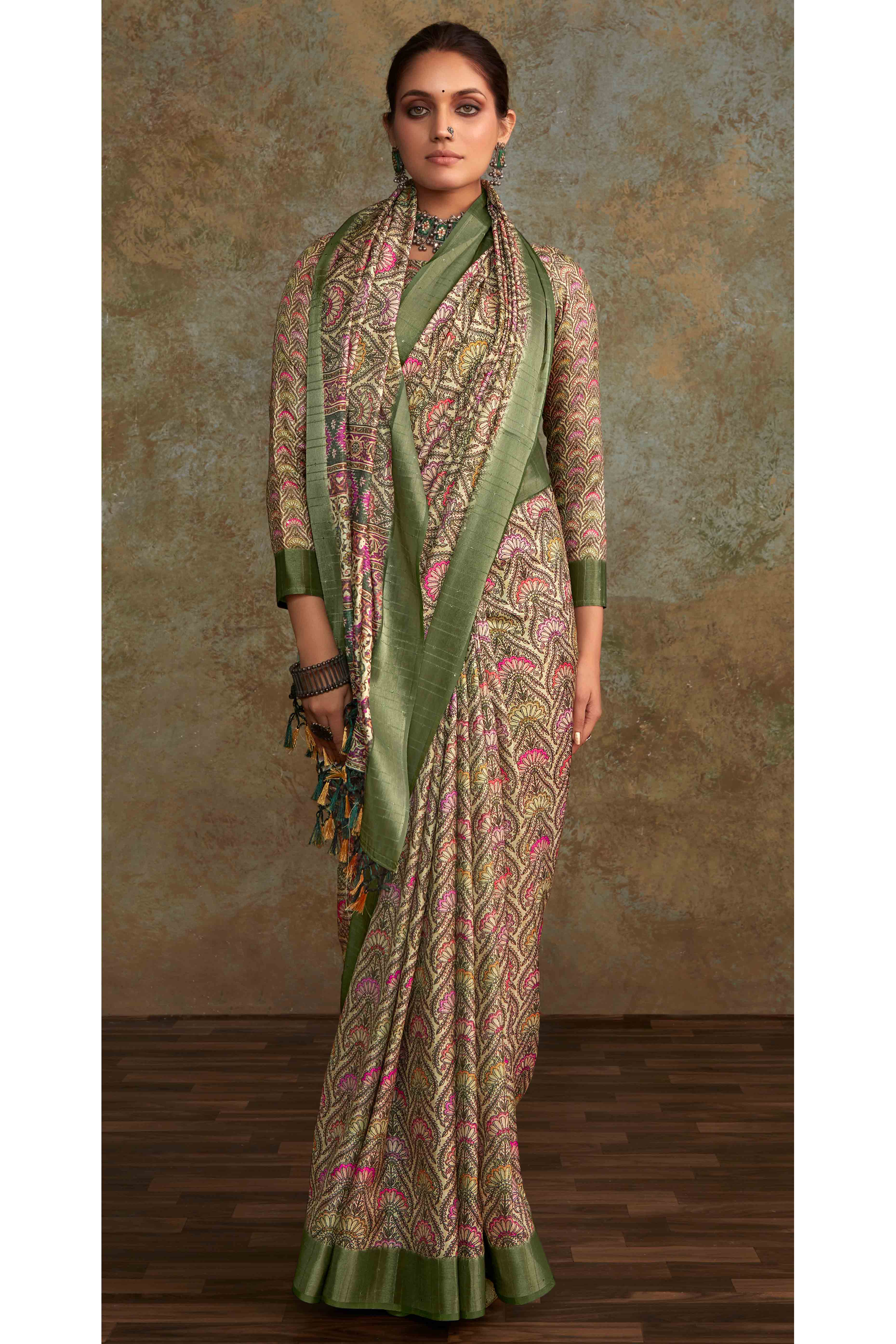 Green Floral Printed Cotton Silk Saree
