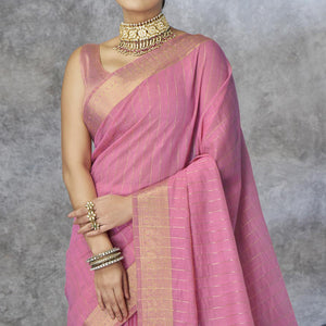 Pink Woven Cotton Silk Saree With Tassels