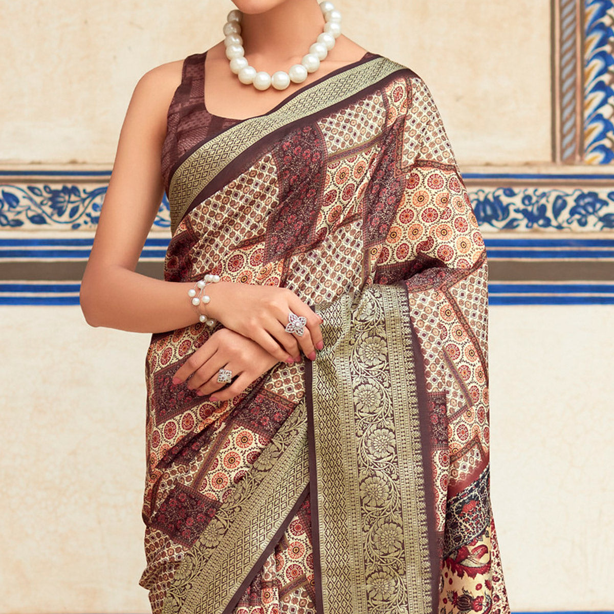 Beige & Brown Printed Dola Silk Saree