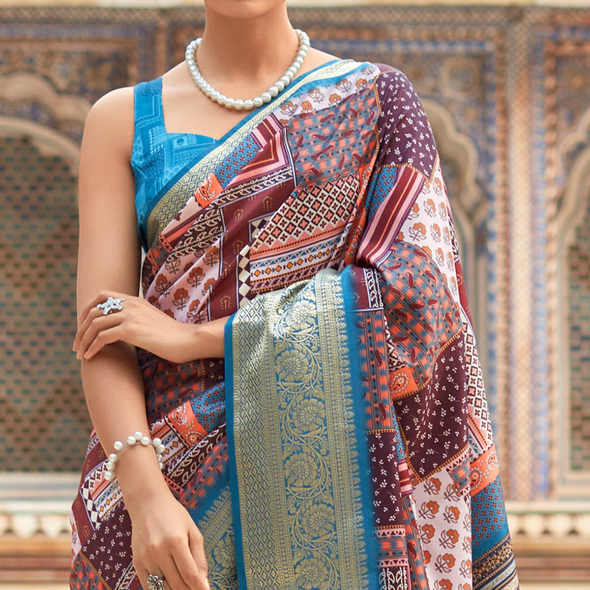 Brown & Blue Printed Dola Silk Saree