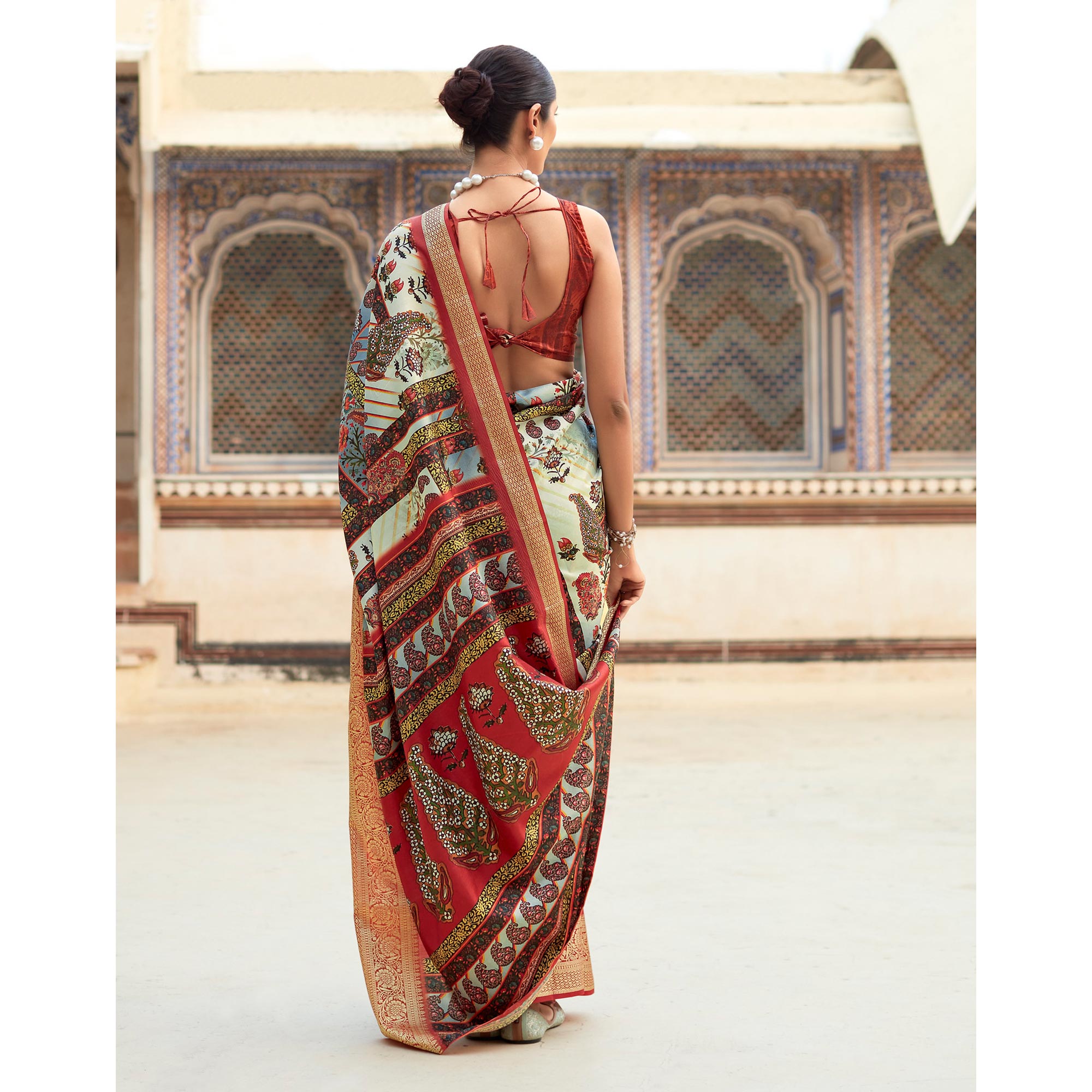 Beige & Red Printed Dola Silk Saree
