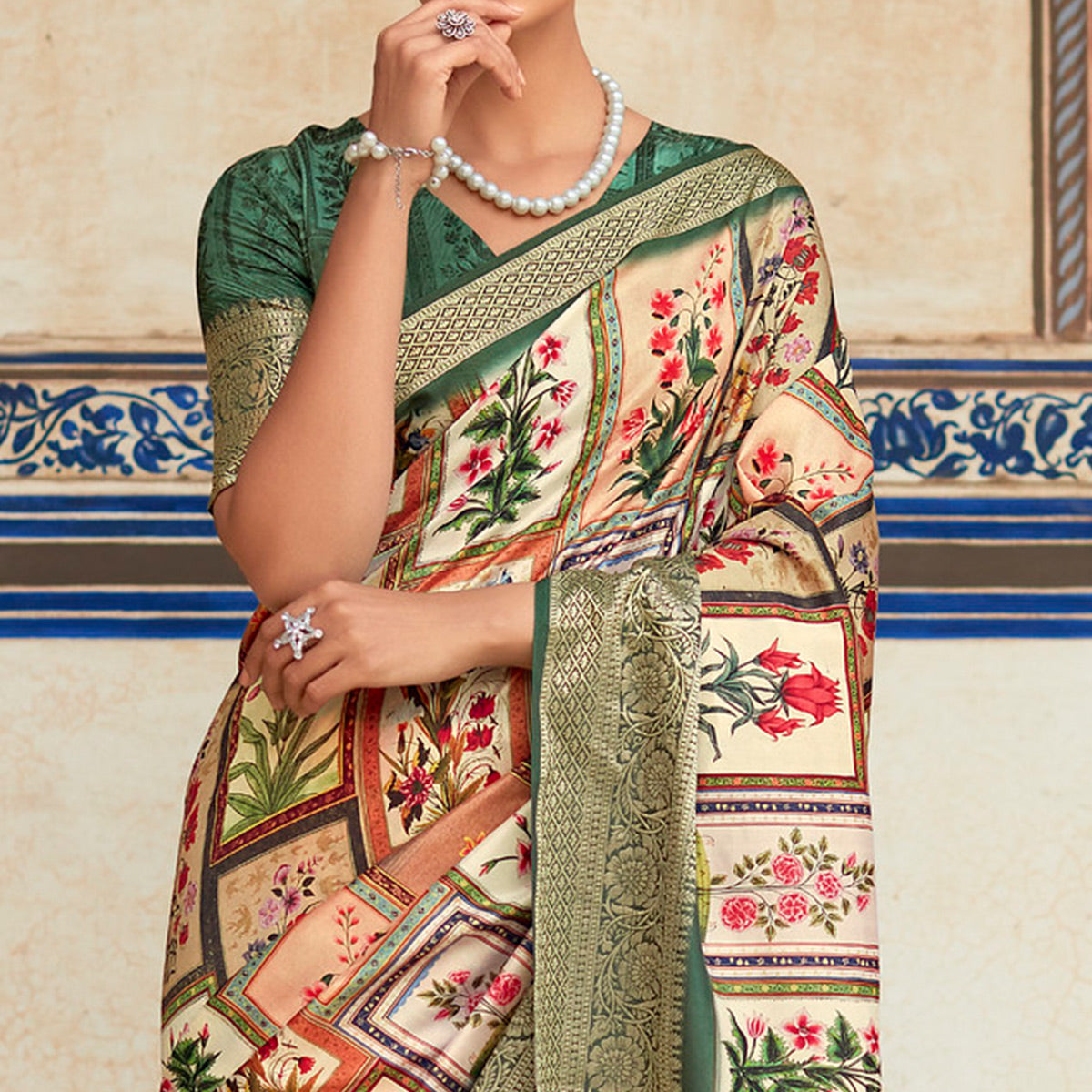 Beige & Green Printed Dola Silk Saree