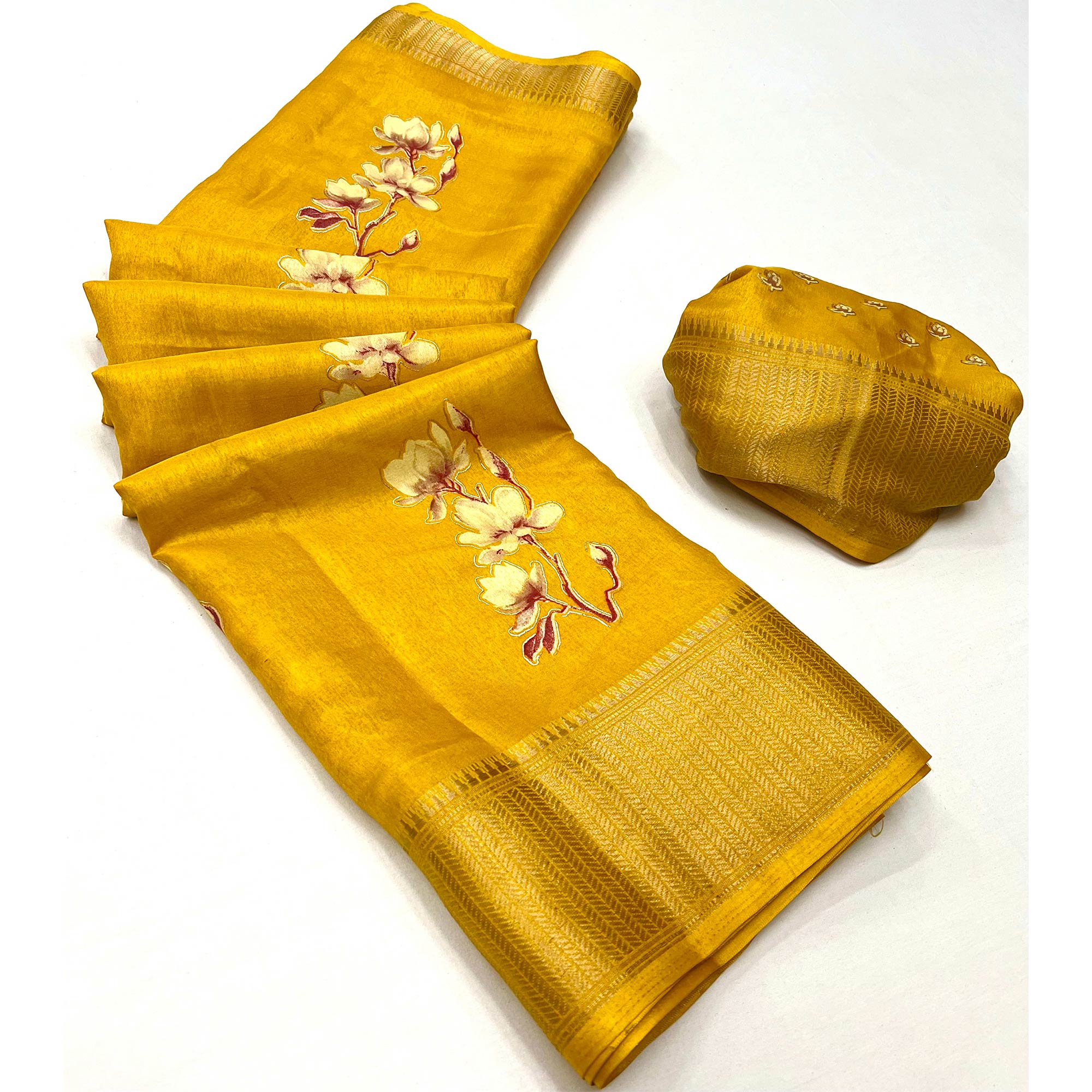 Yellow Floral Foil Printed Dola Silk Saree With Jacquard Border