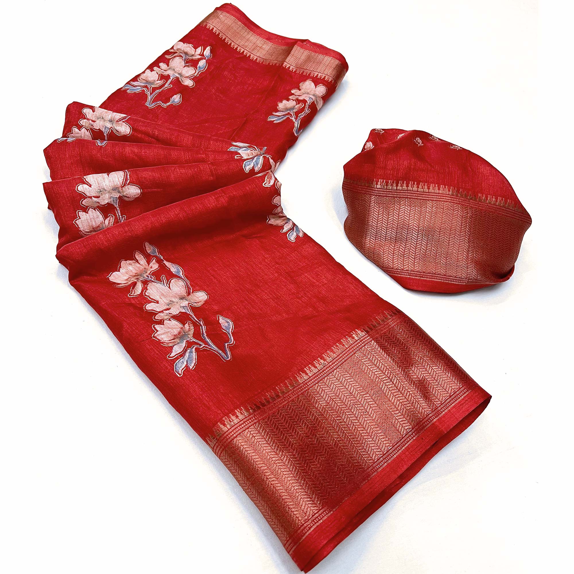 Red Floral Foil Printed Dola Silk Saree With Jacquard Border