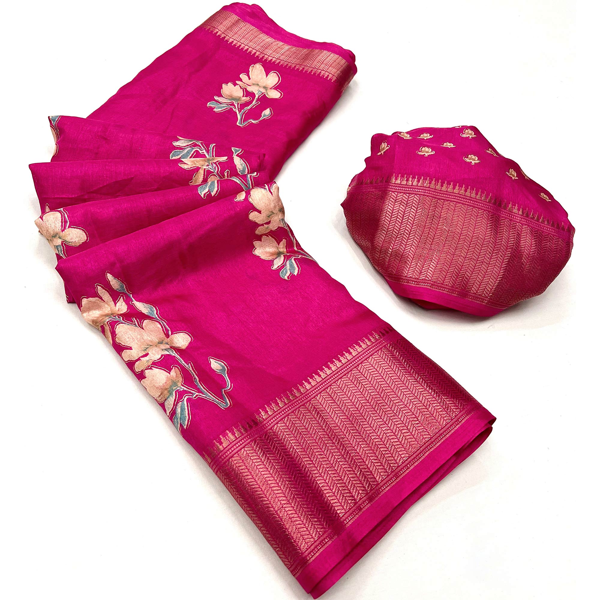 Pink Floral Foil Printed Dola Silk Saree With Jacquard Border
