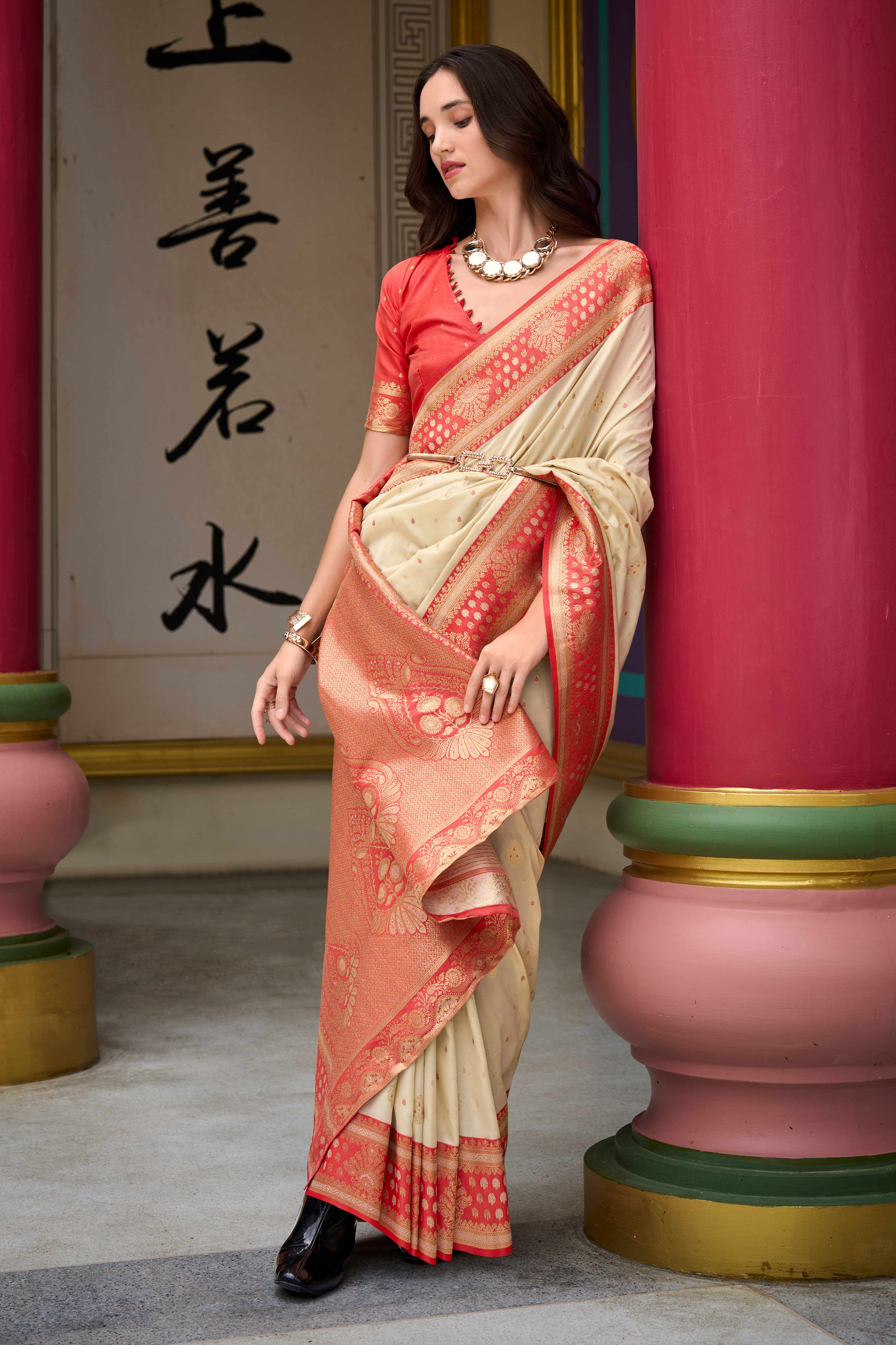 Pure Soft Banarasi Silk Saree in Cream Beige Hue with Timeless Zari Butti Patterns