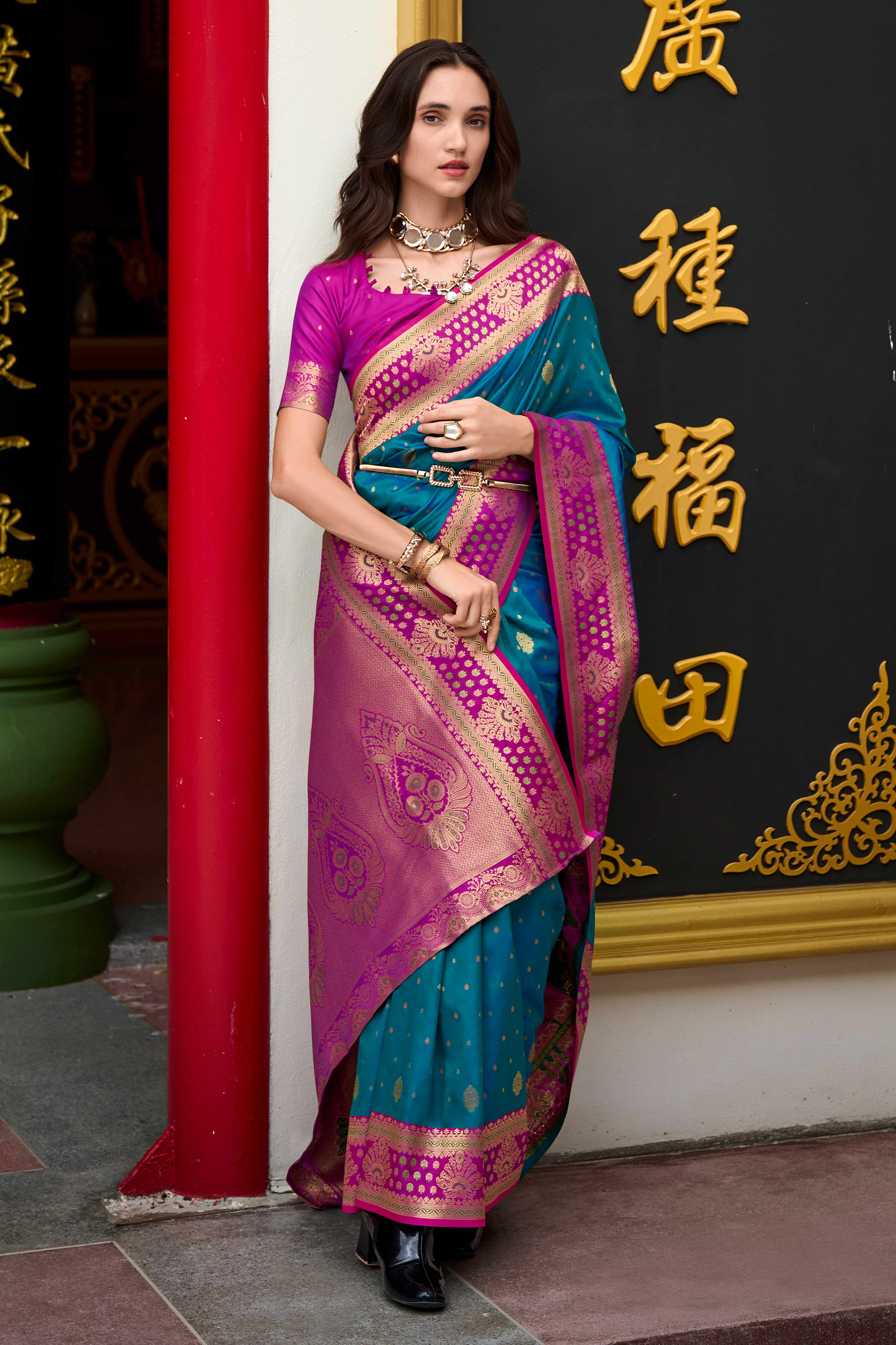 Pure Soft Banarasi Silk Saree in Peacock Teal Hue with Timeless Zari Butti Patterns