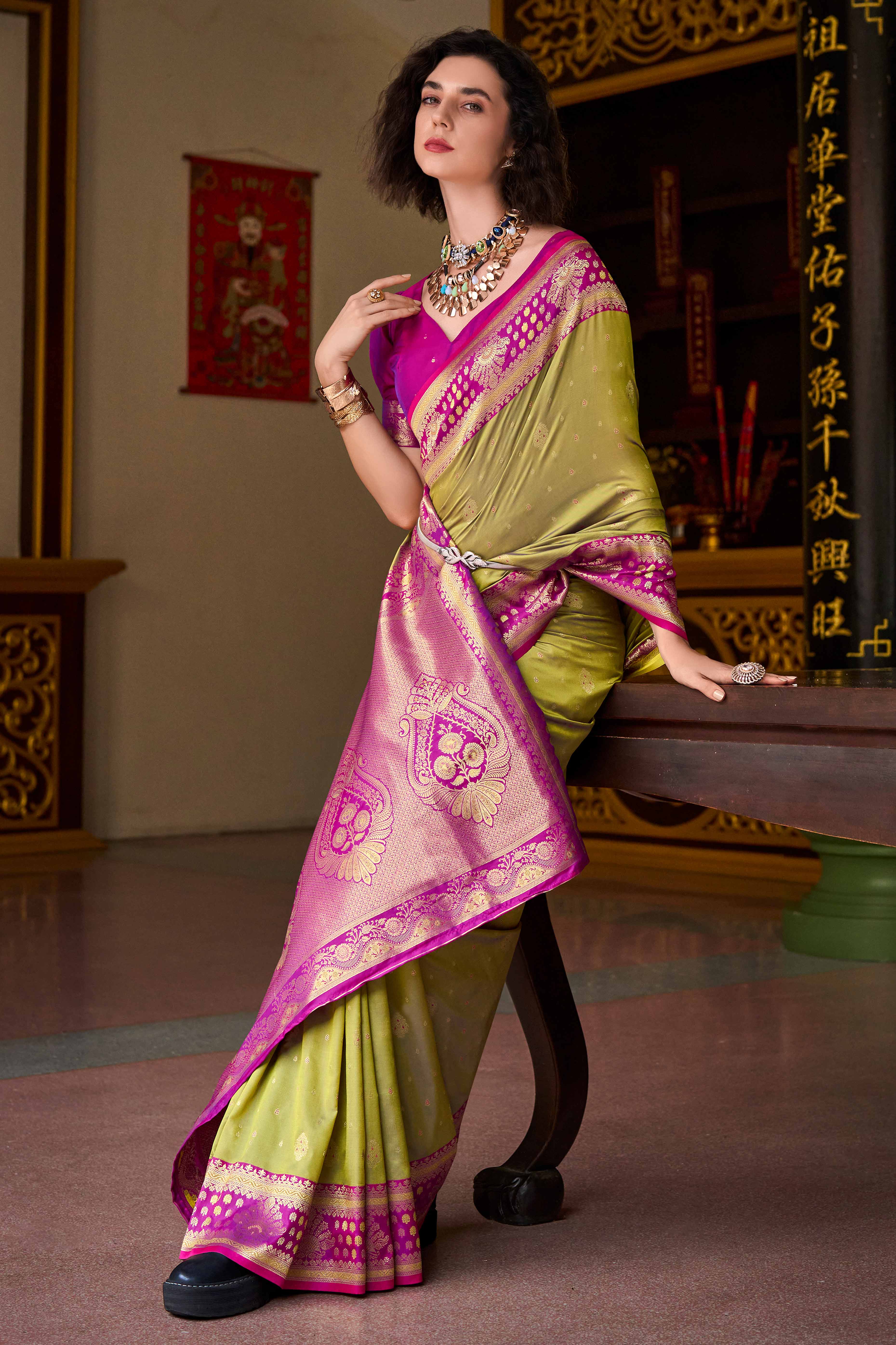 Pure Soft Banarasi Silk Saree in Olive Hue with Timeless Zari Butti Patterns