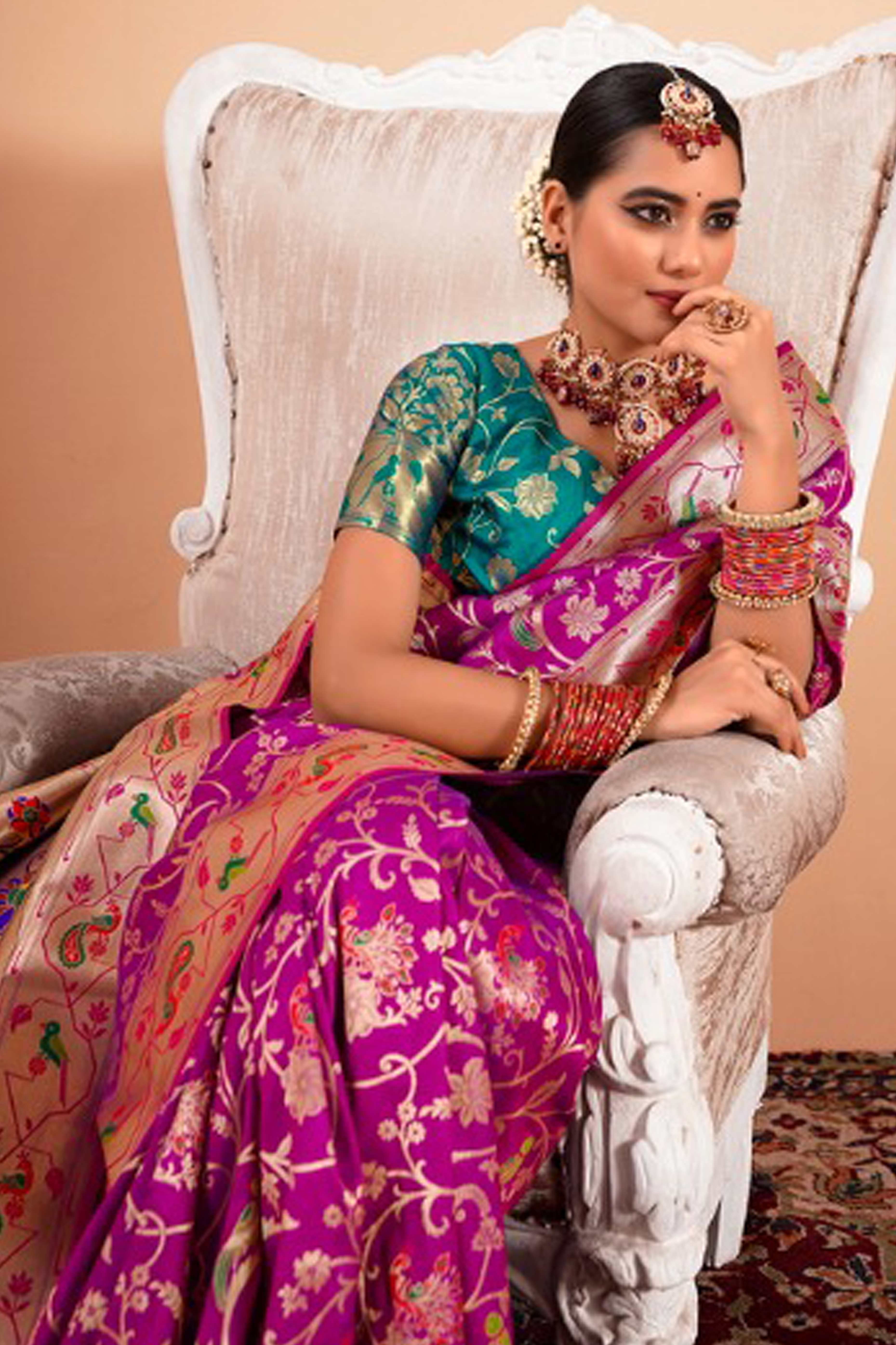 Purple Floral Zari Weaving Pure Silk Paithani Saree