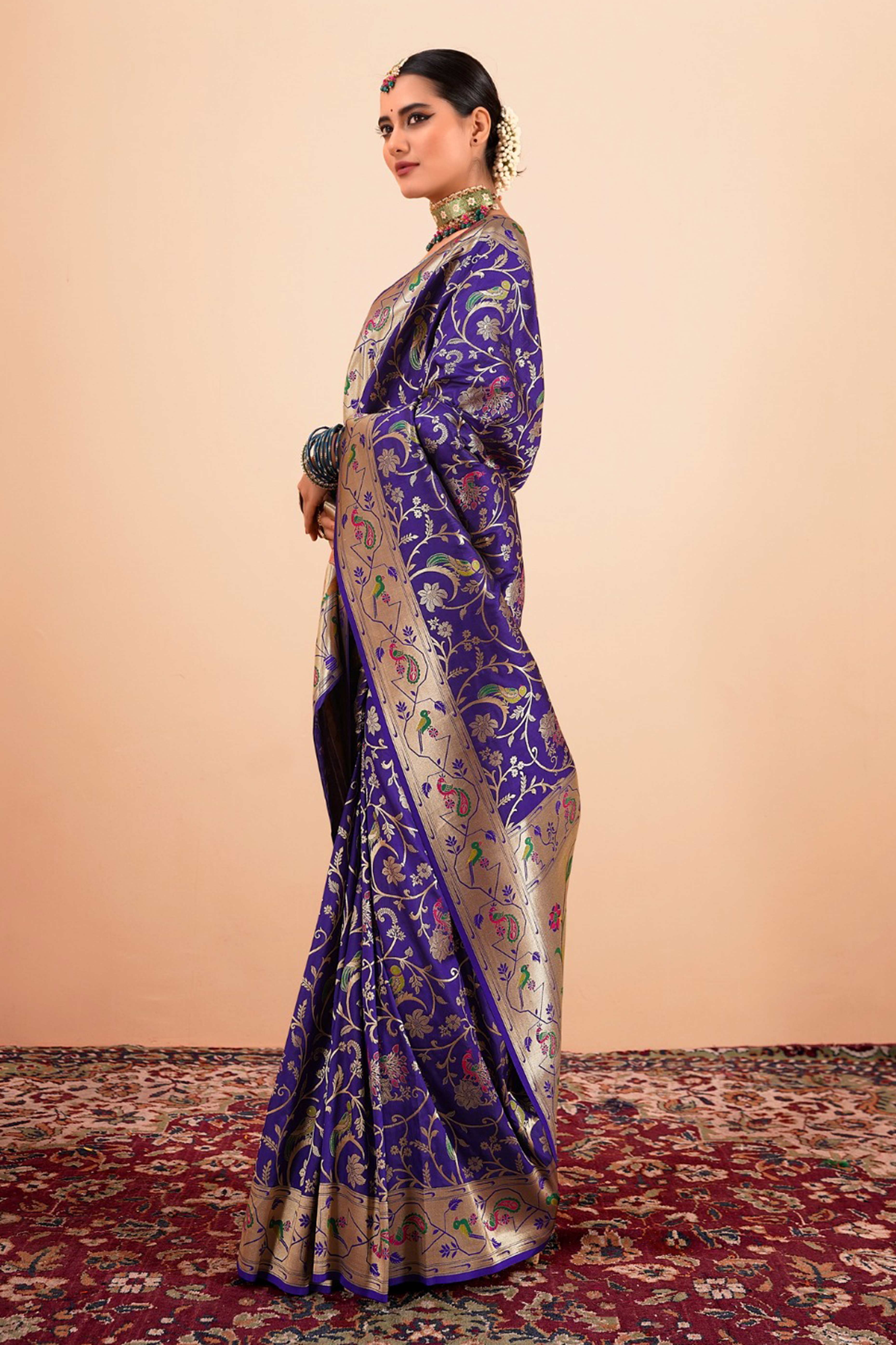 Bluish Purple Floral Zari Weaving Pure Silk Paithani Saree