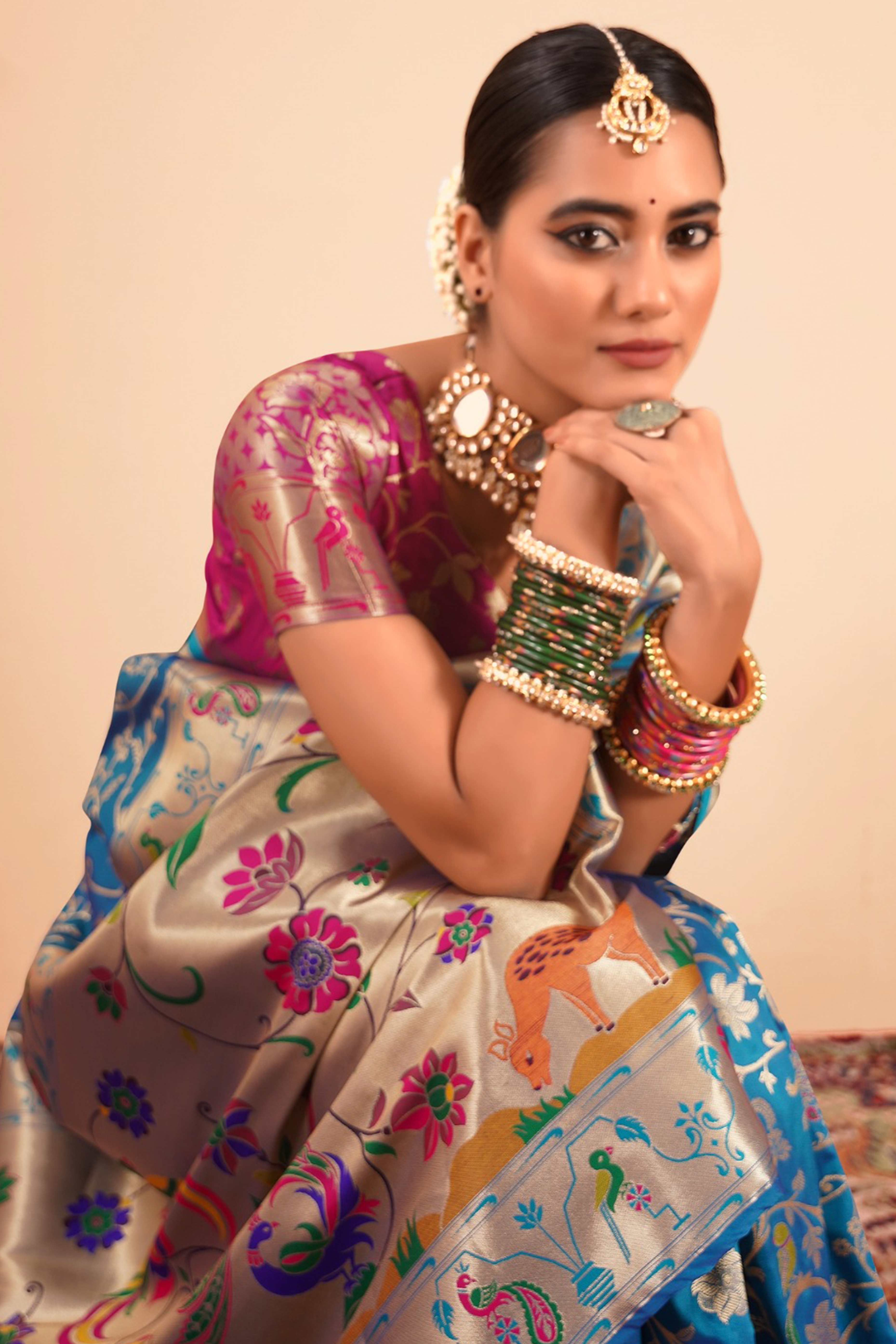 Blue Floral Zari Weaving Pure Silk Paithani Saree