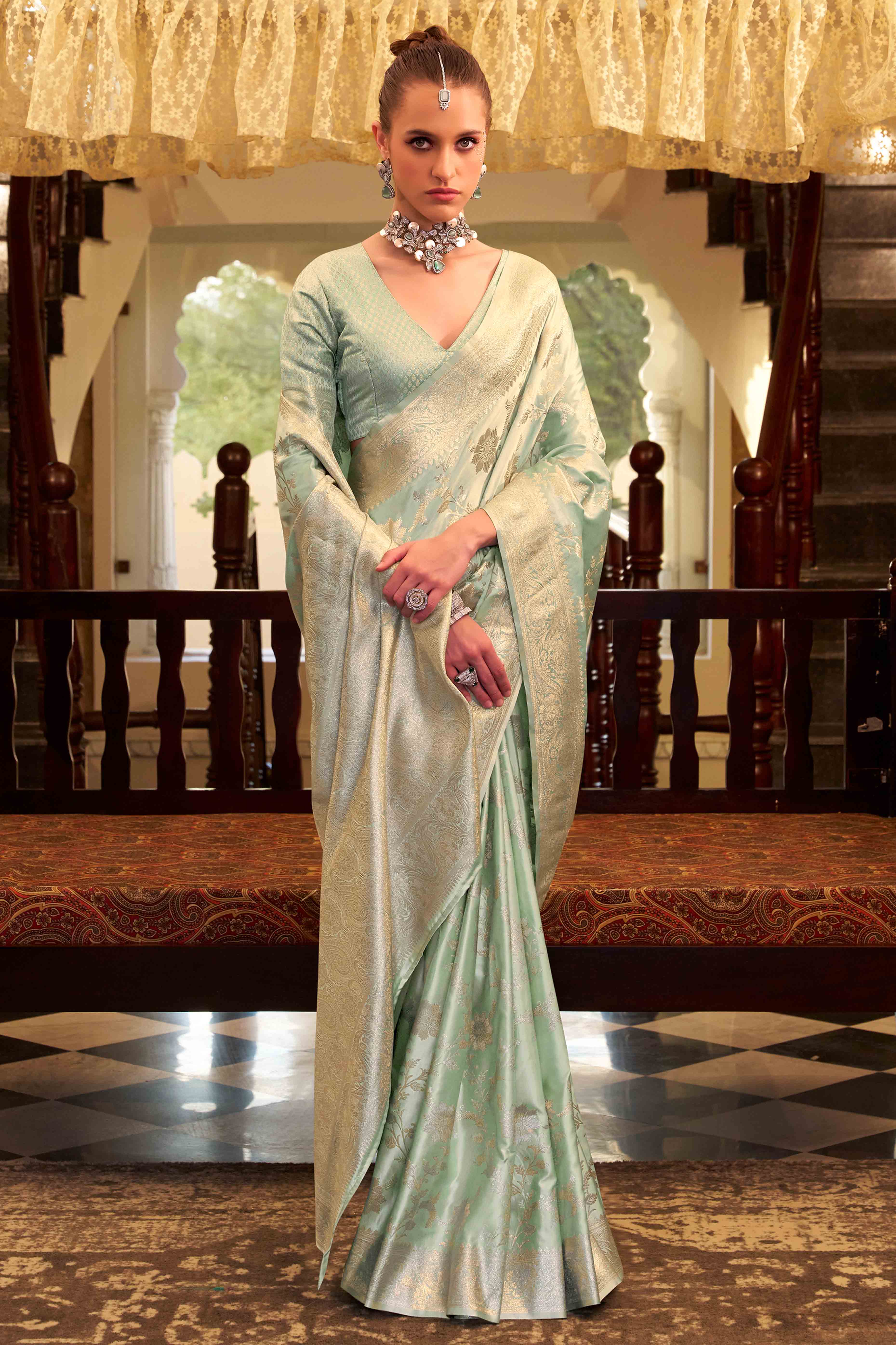 Sea Green Soft Satin Saree Featuring Exquisite Zari Weaving Work